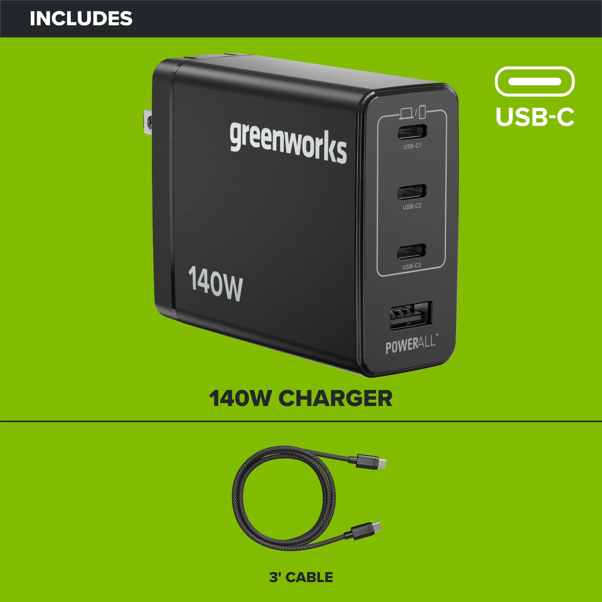 24V PowerAll Charger Set with 140W USB-C Charger Block and (2) 3.3' 100W USB-C Cables - Image 2