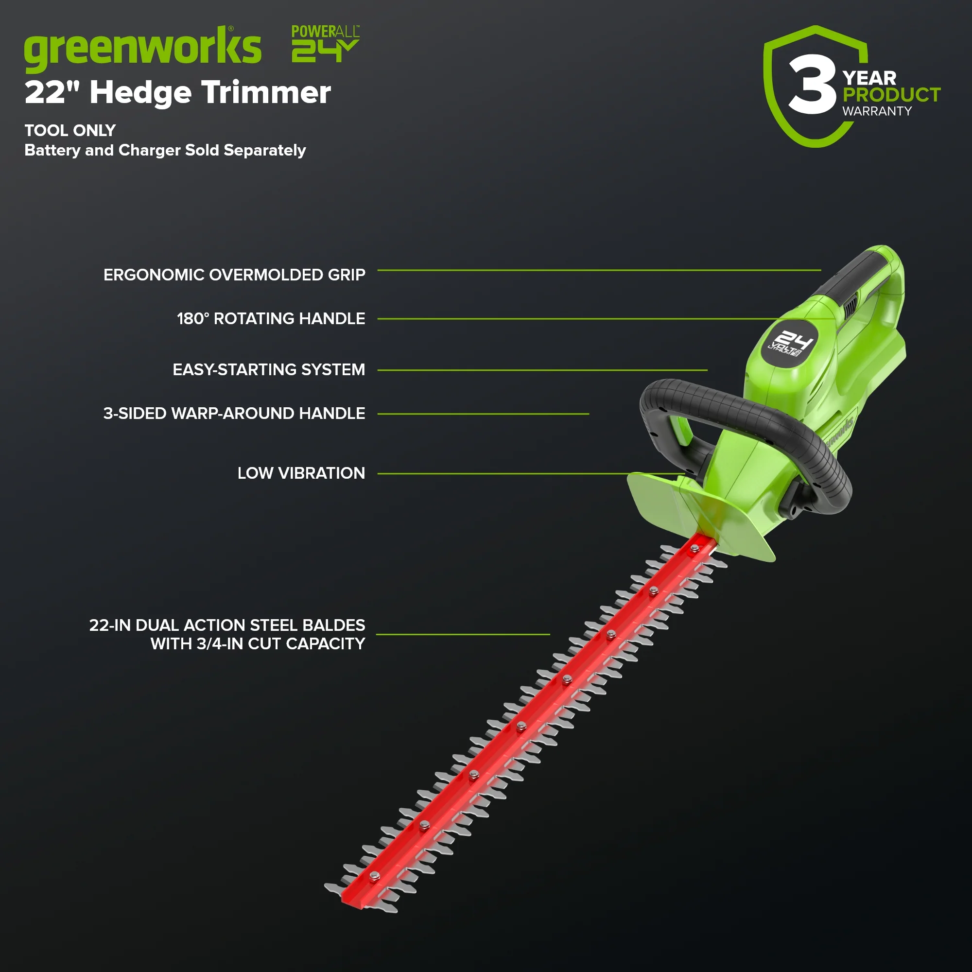 24V 22" Cordless Battery Hedge Trimmer 2800 SPM (Tool Only) - Image 2