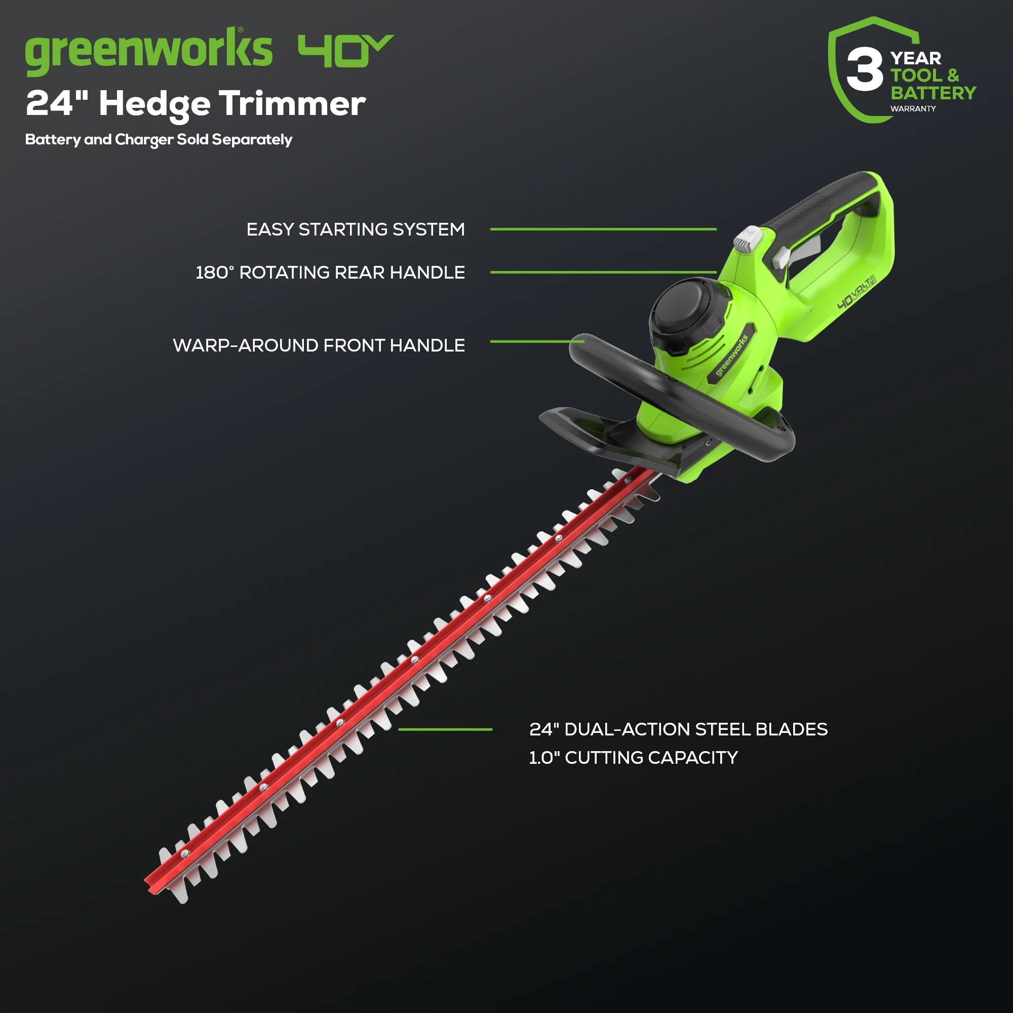 40V 24" Cordless Battery Hedge Trimmer (Tool Only) - Image 2