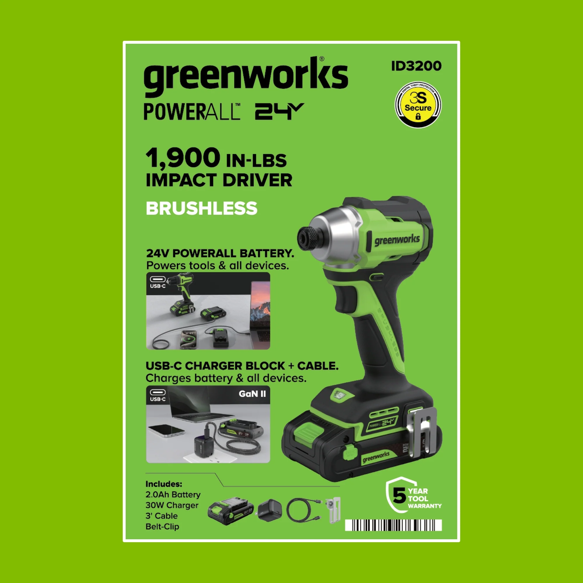 24V PowerAll 1,900 In-Lb Impact Driver, with 2.0 Ah USB-C Battery, 30W USB-C Charger Block, 3' 100W USB-C Cable, Belt Clip - Image 12