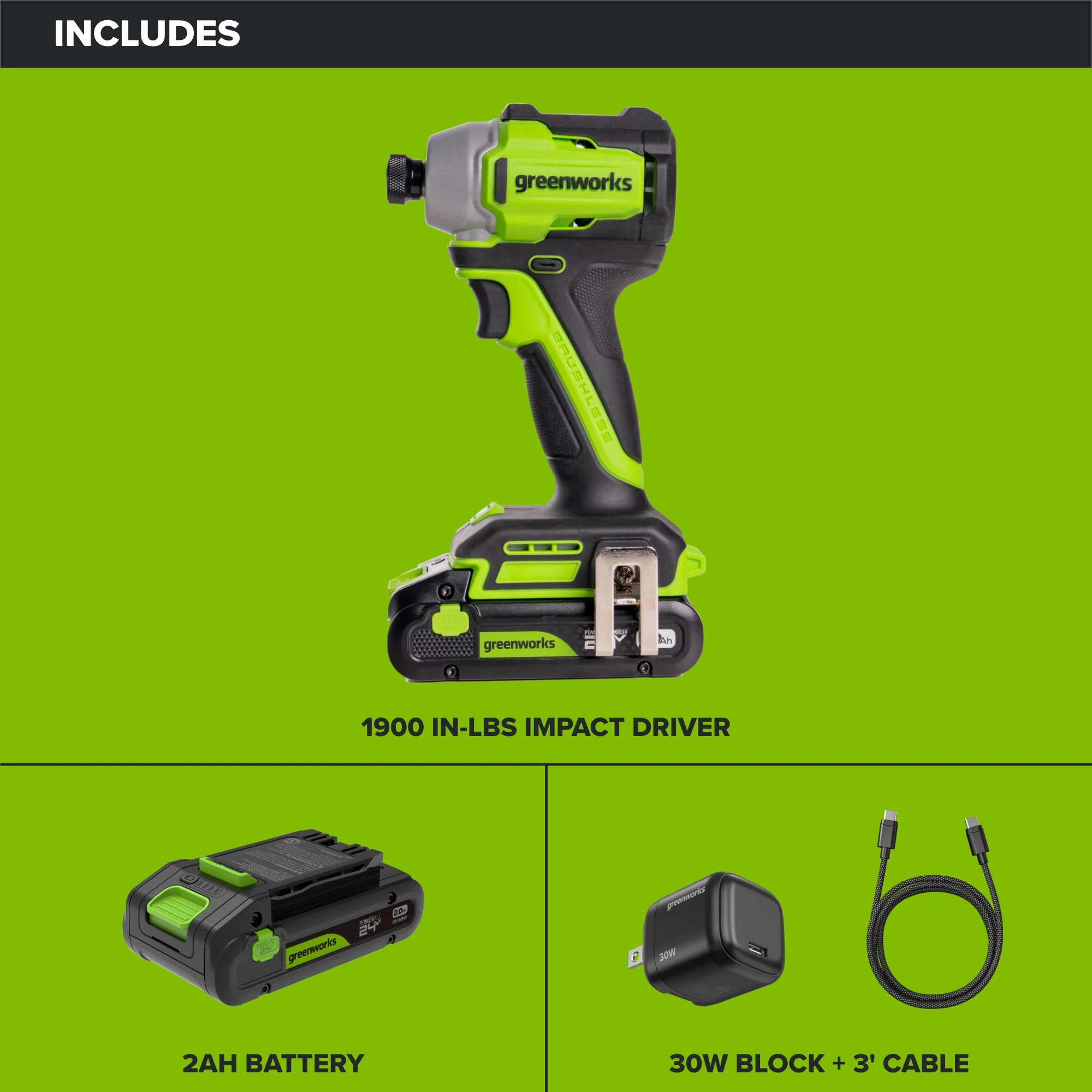 24V PowerAll 1,900 In-Lb Impact Driver, with 2.0 Ah USB-C Battery, 30W USB-C Charger Block, 3' 100W USB-C Cable, Belt Clip - Image 3
