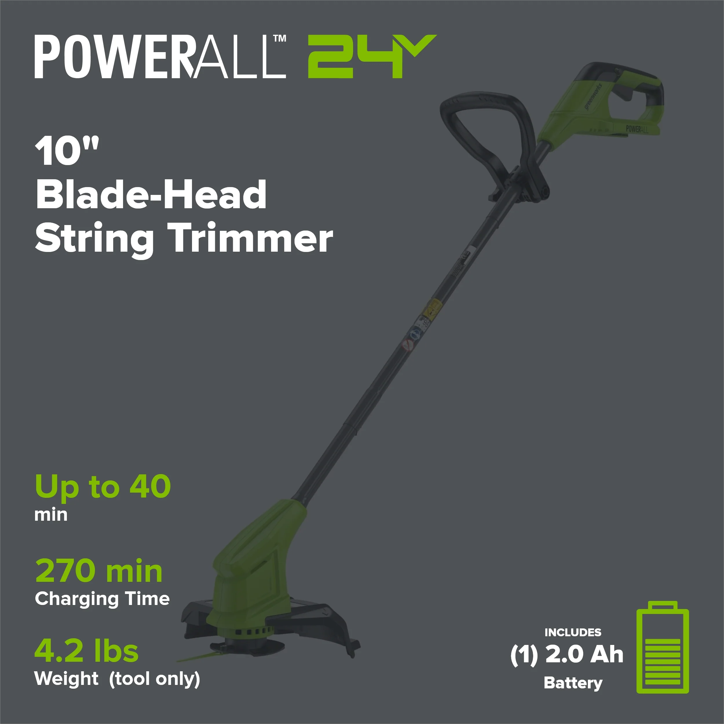 24V 10" Cordless Battery Blade-Head String Trimmer: 2.0 Ah Battery and 0.5A Charger - Image 2