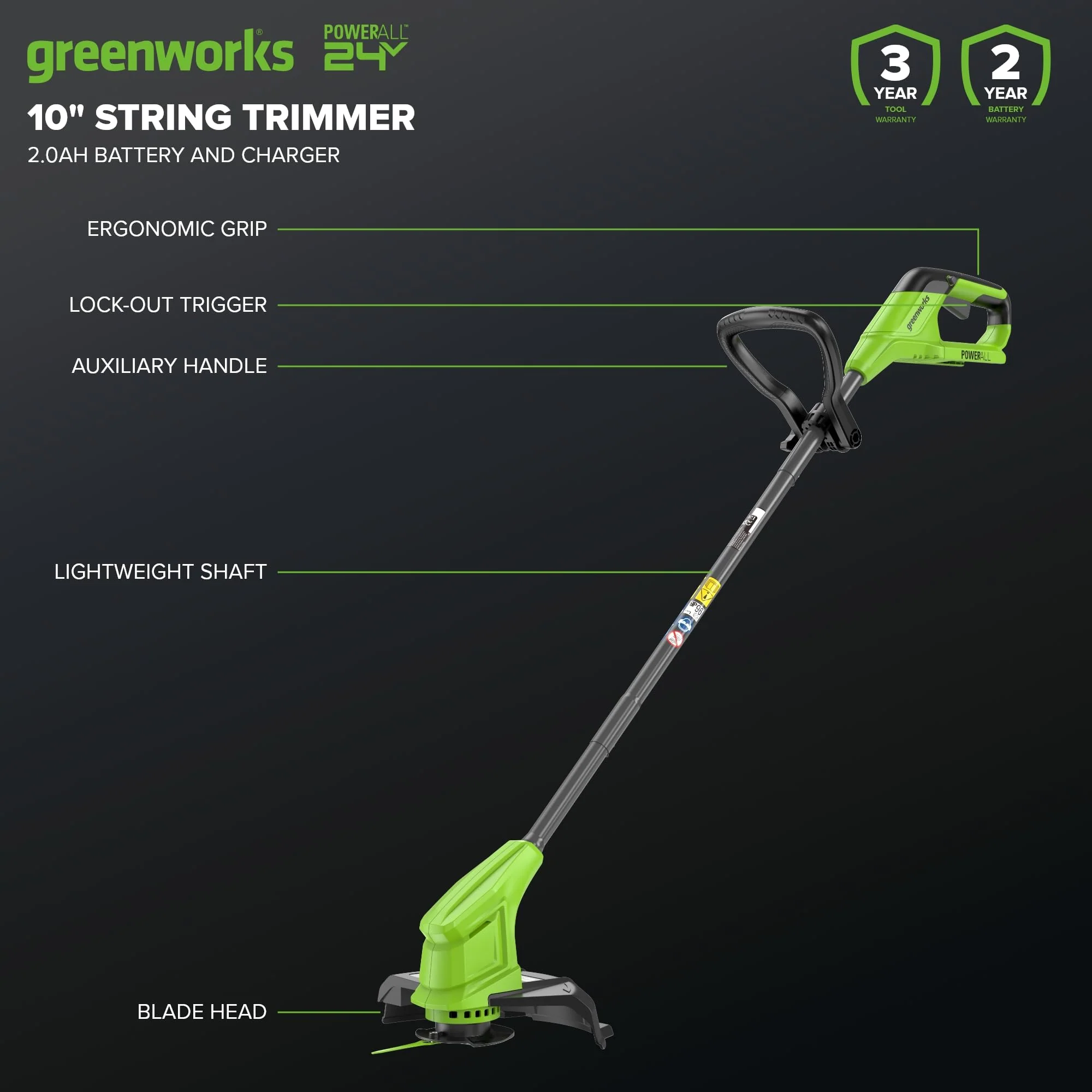 24V 10" Cordless Battery Blade-Head String Trimmer: 2.0 Ah Battery and 0.5A Charger - Image 3