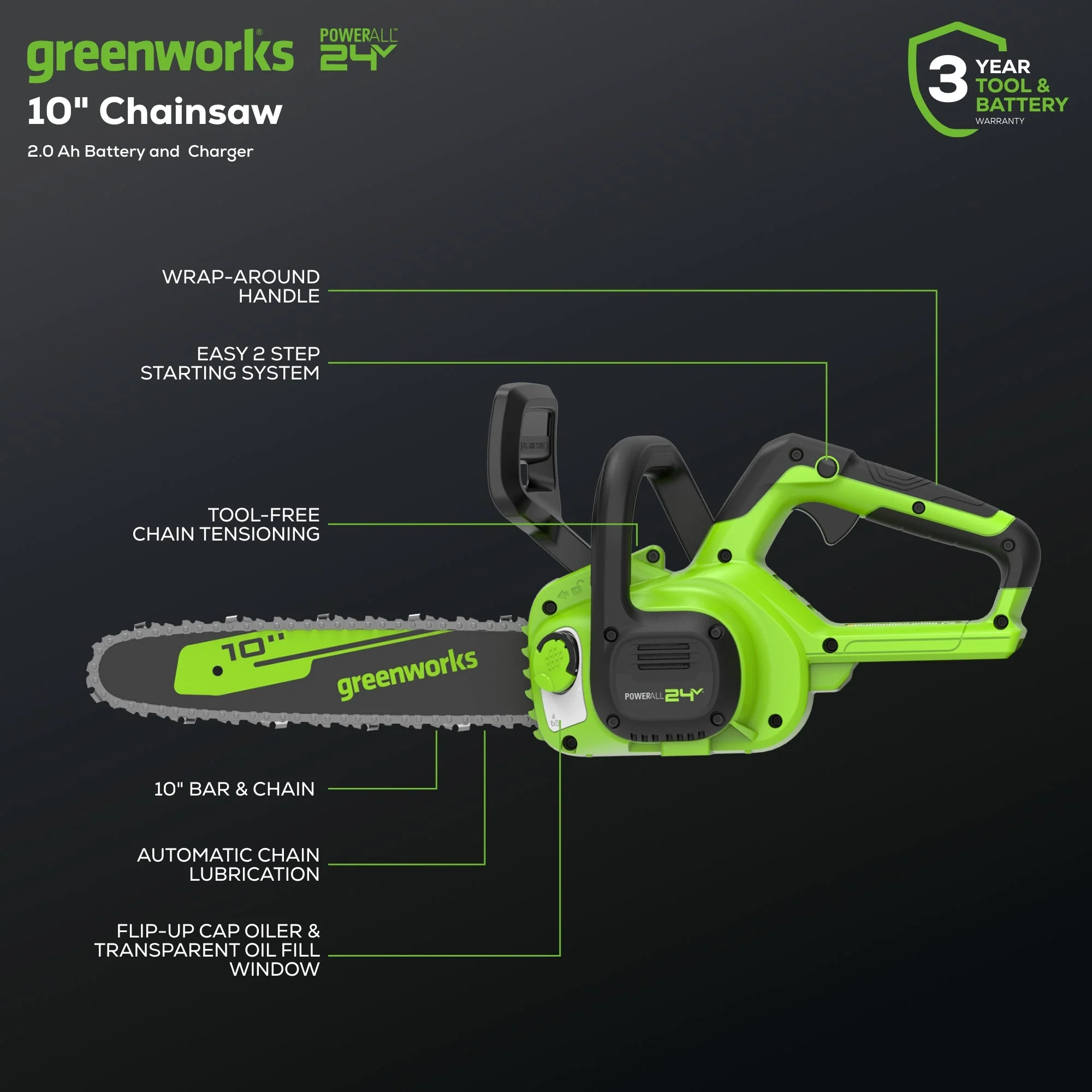 24V 10" Cordless Battery Chainsaw: 2.0 Ah USB Battery and Charger - Image 2