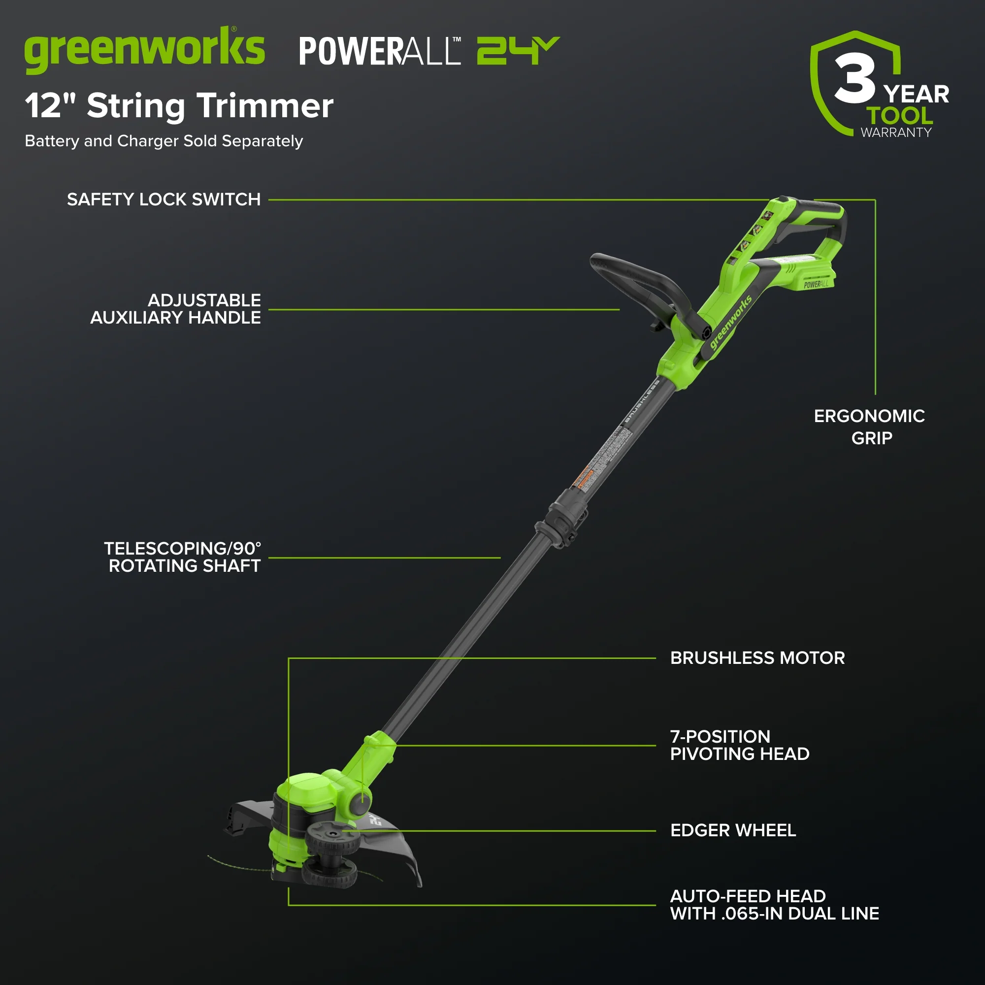 24V 12" Cordless Battery Brushless String Trimmer/Edger (Tool Only) - Image 3