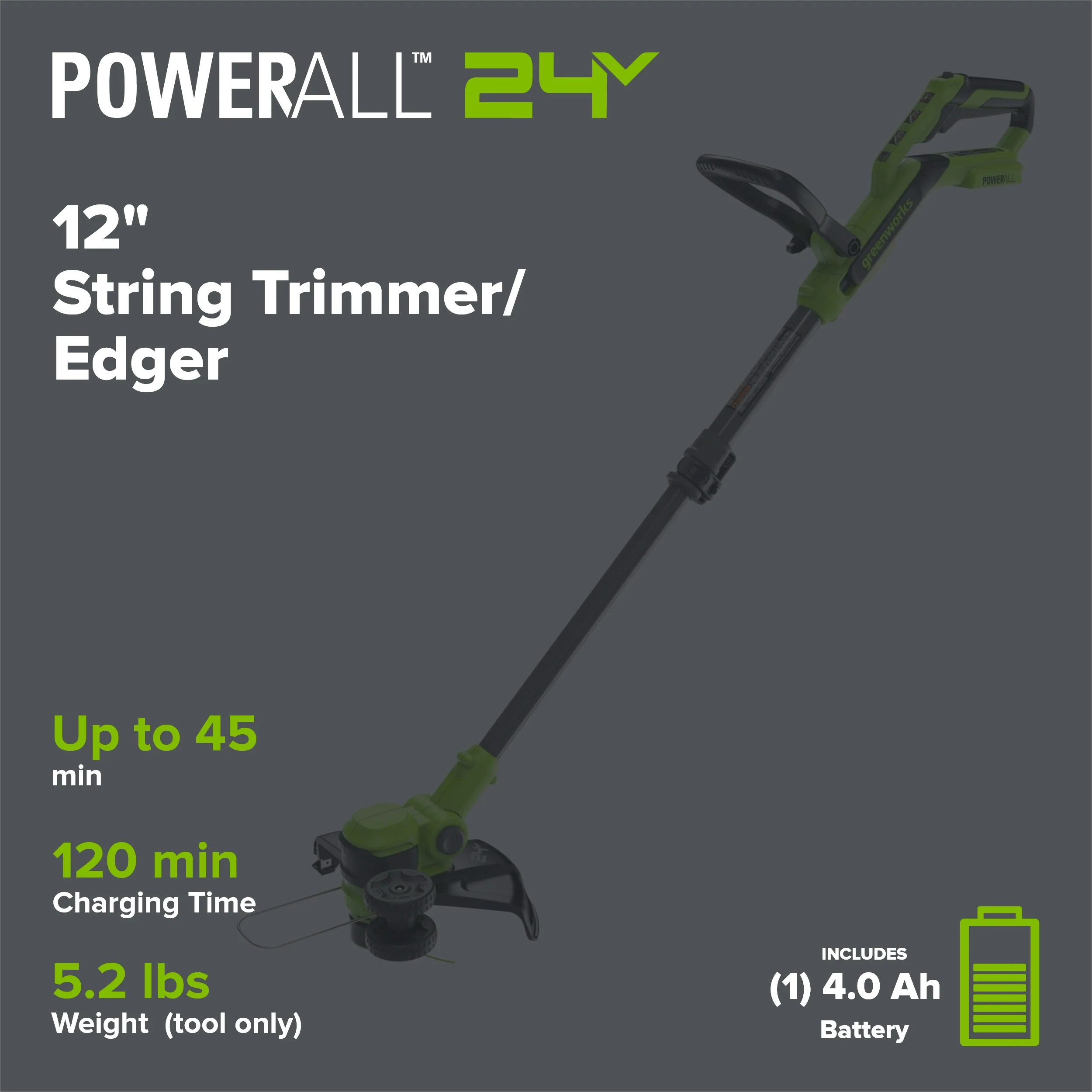 24V 12" Cordless Battery String Trimmer/Edger: 4.0 Ah Battery and Charger - Image 2