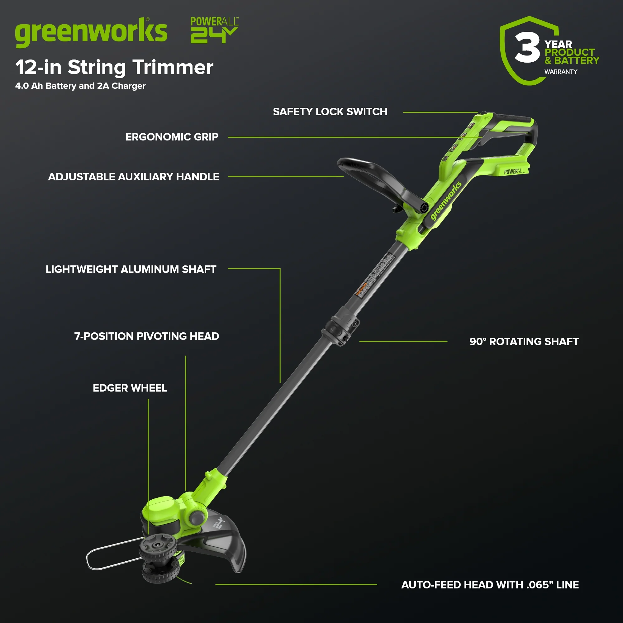 24V 12" Cordless Battery String Trimmer/Edger: 4.0 Ah Battery and Charger - Image 3