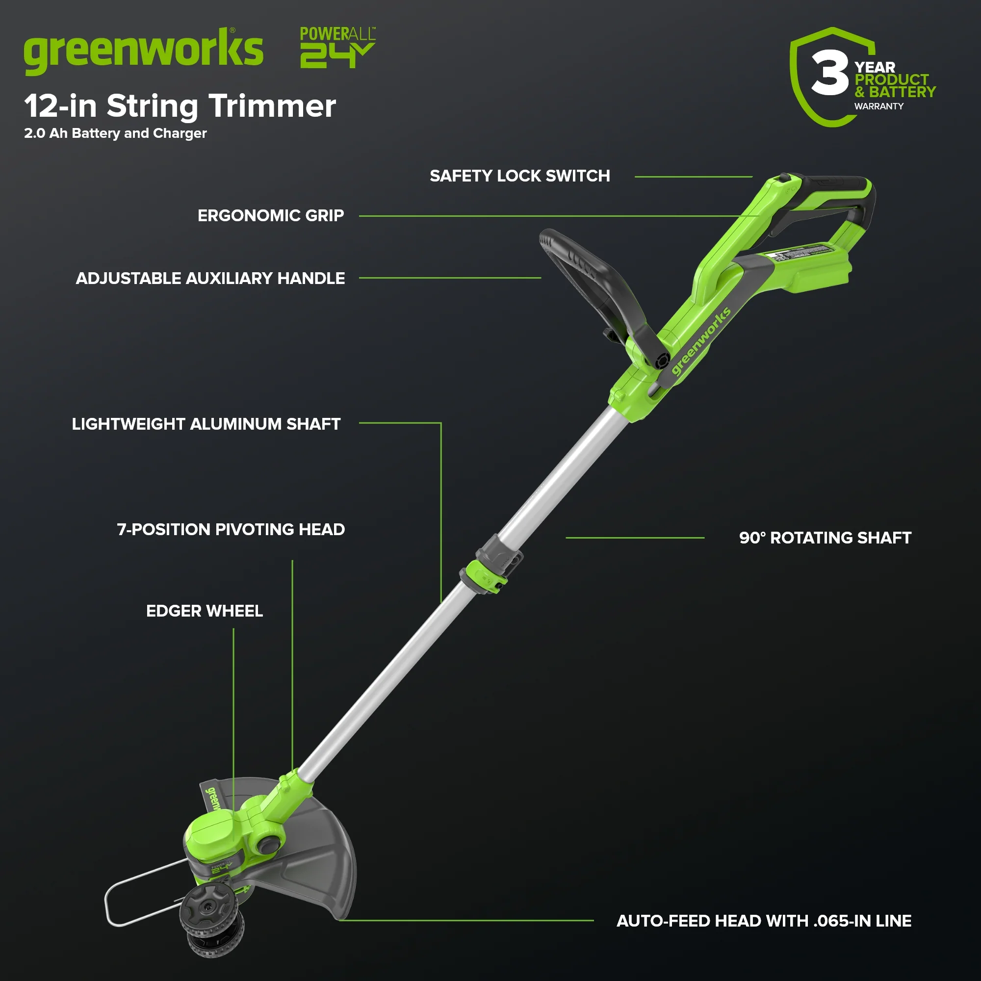 24V 12" Cordless Battery String Trimmer/Edger and 320CFM Leaf Blower Combo Kit w/ 2.0Ah Battery and Charger - Image 3