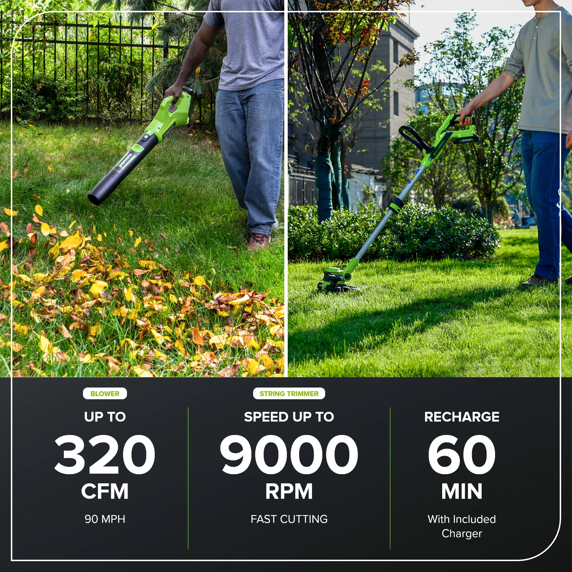 24V 12" Cordless Battery String Trimmer/Edger and 320CFM Leaf Blower Combo Kit w/ 2.0Ah Battery and Charger - Image 4
