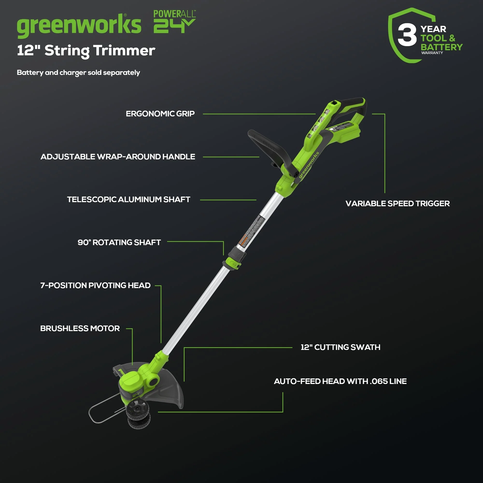 24V 12" Cordless Battery String Trimmer and Edger (Tool Only) - Image 3