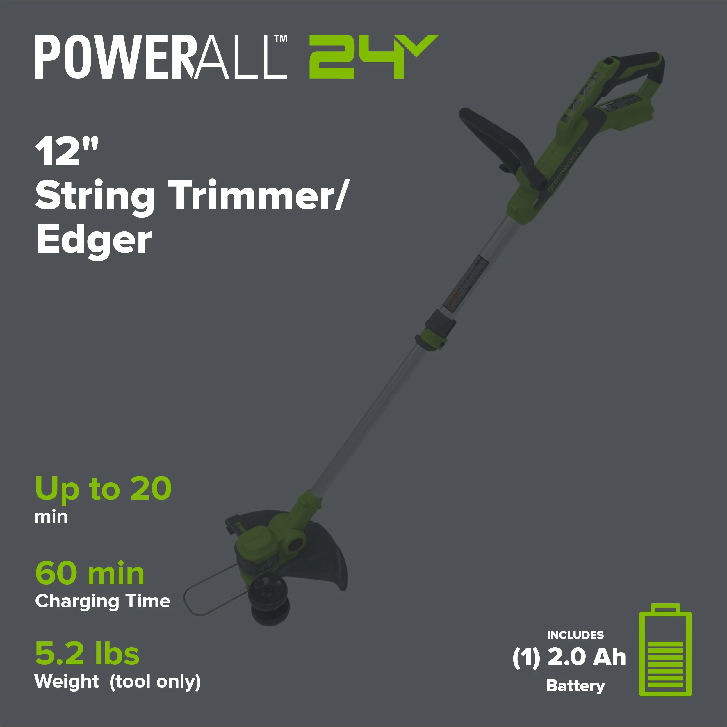 24V 12" Cordless Battery String Trimmer and Edger: 2.0 Ah USB Battery and Charger - Image 2