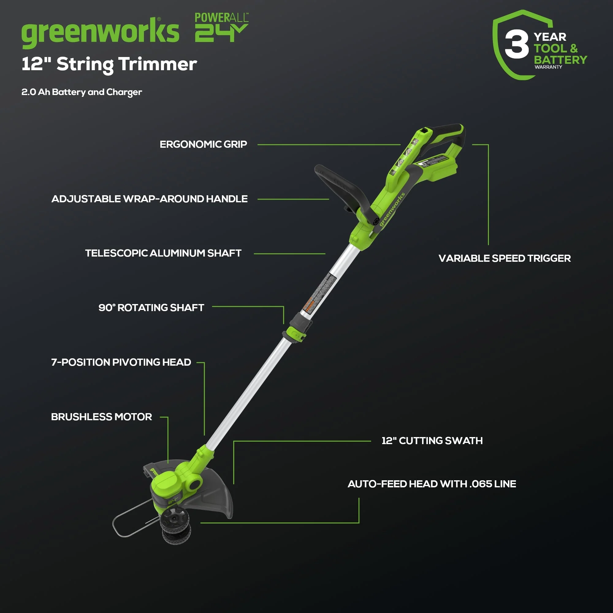 24V 12" Cordless Battery String Trimmer and Edger: 2.0 Ah USB Battery and Charger - Image 3
