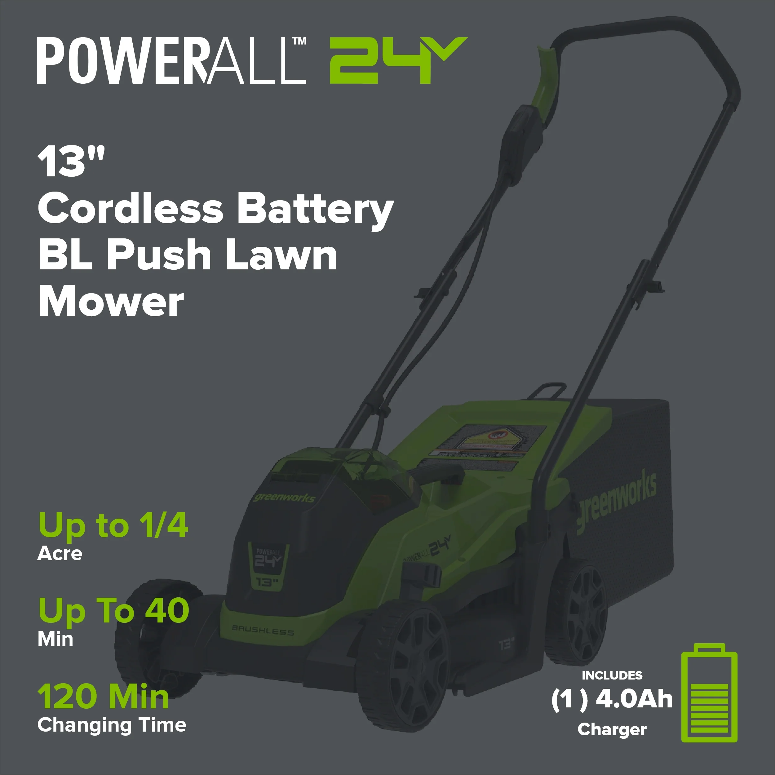 24V 13" Cordless Battery BL Push Lawn Mower: 4.0 Ah Battery and Charger - Image 2