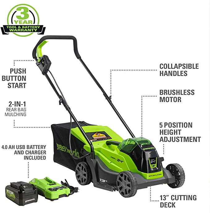24V 13" Cordless Battery BL Push Lawn Mower: 4.0 Ah Battery and Charger - Image 3