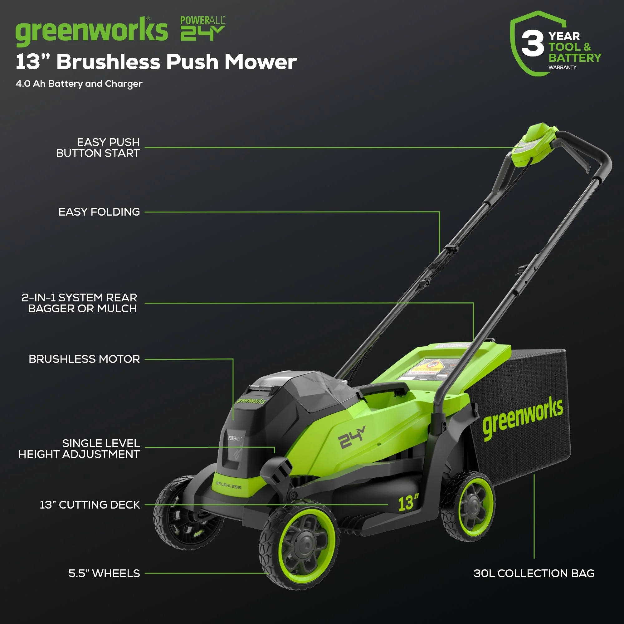 24V 13" Cordless Battery Brushless Push Lawn Mower: 4.0 Ah Battery and Charger - Image 3