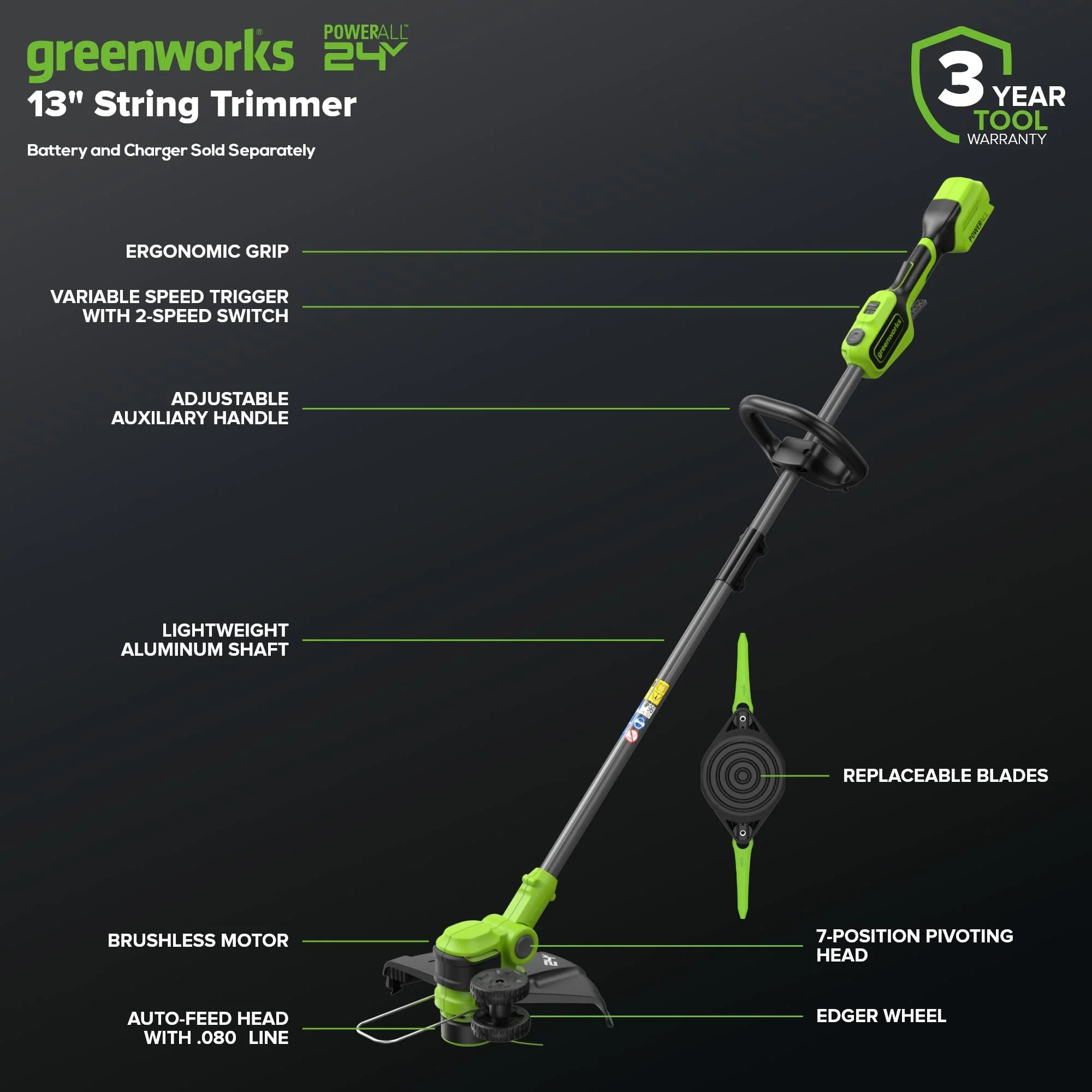 24V 13" Cordless Battery String Trimmer/Edger, 20PC Blades (Tool Only) - Image 3