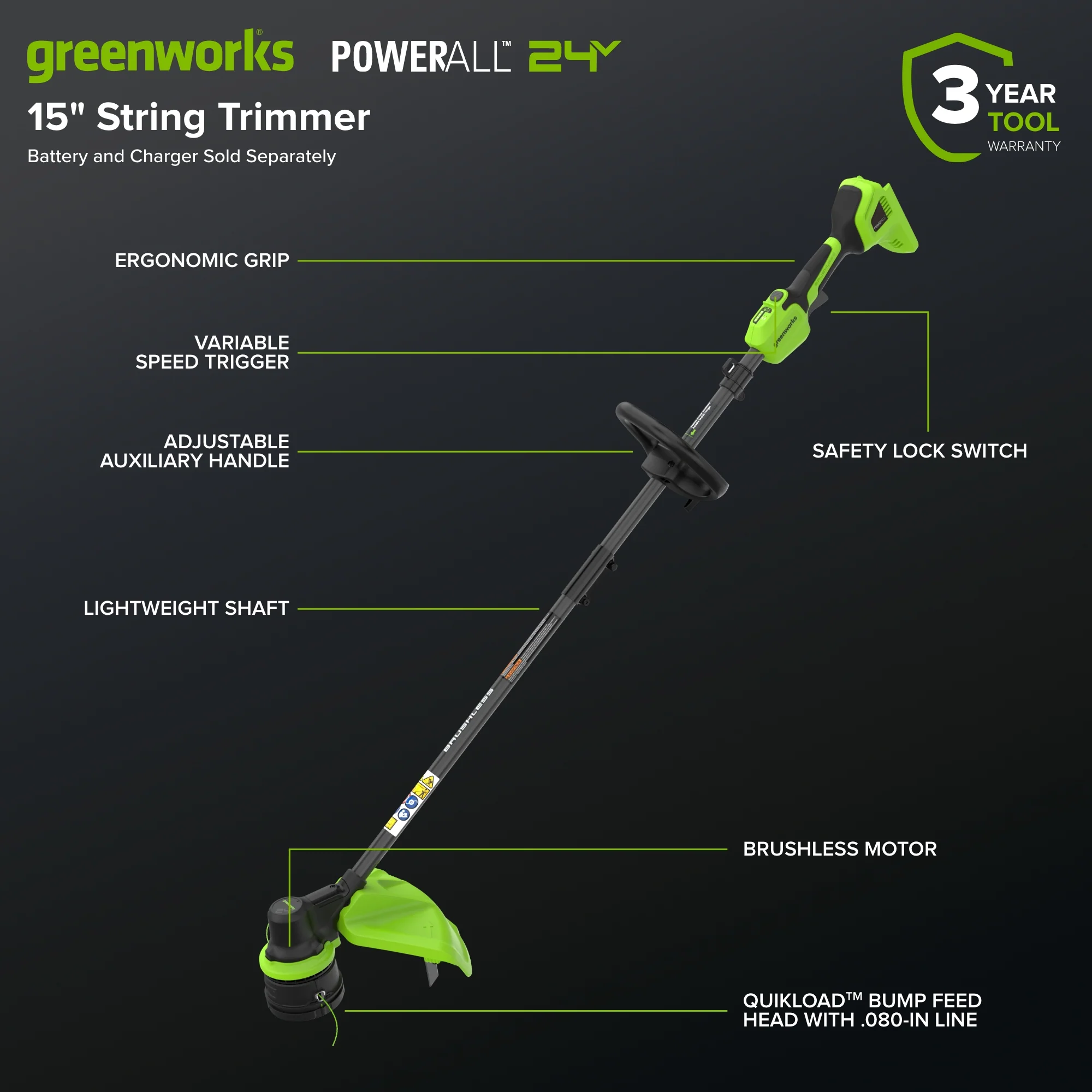 24V 15" Cordless Battery Brushless String Trimmer (Tool Only) - Image 2