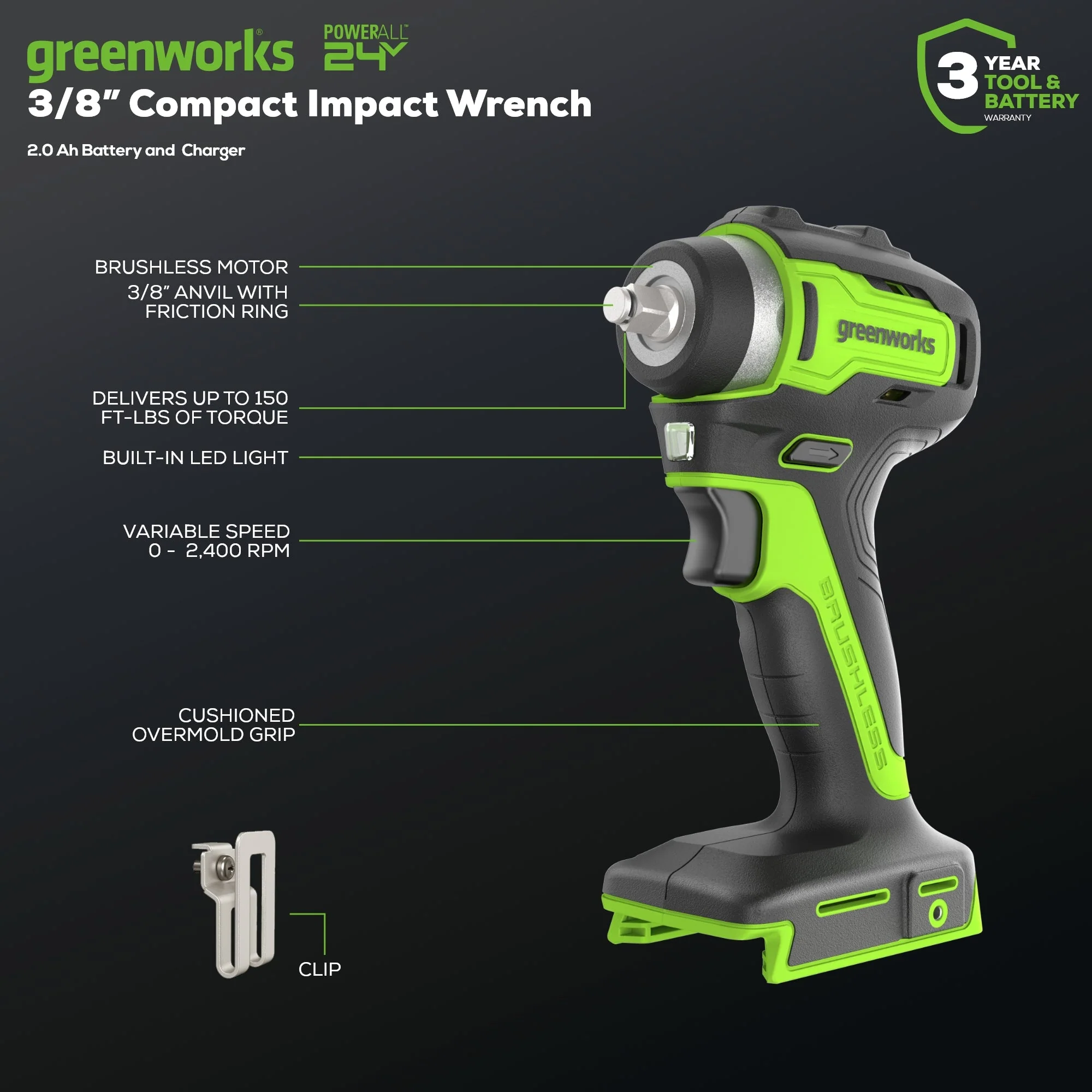 24V 3/8" Cordless Battery Impact Wrench: 2.0 Ah Battery and Charger - Image 2
