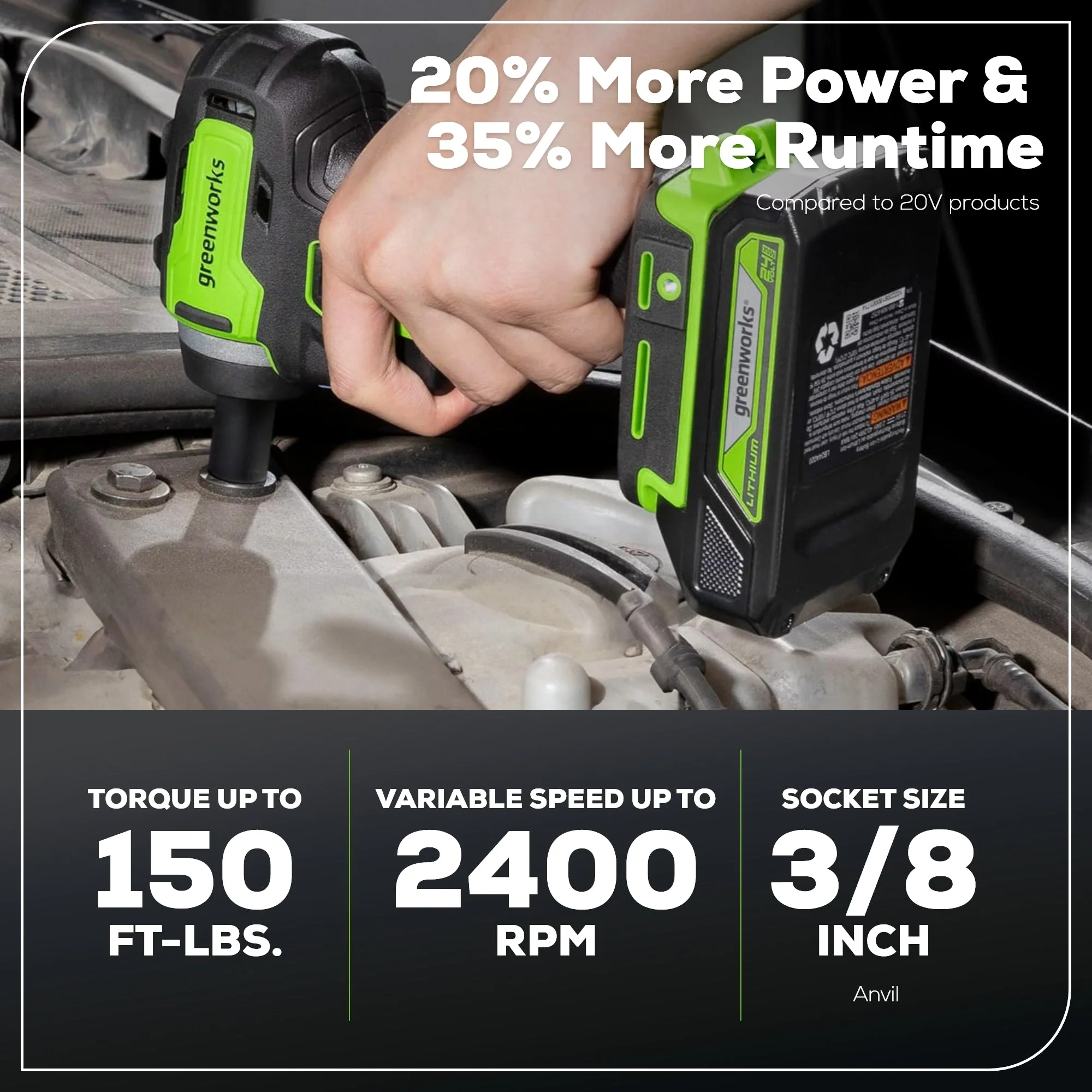 24V 3/8" Cordless Battery Impact Wrench: 2.0 Ah Battery and Charger - Image 3