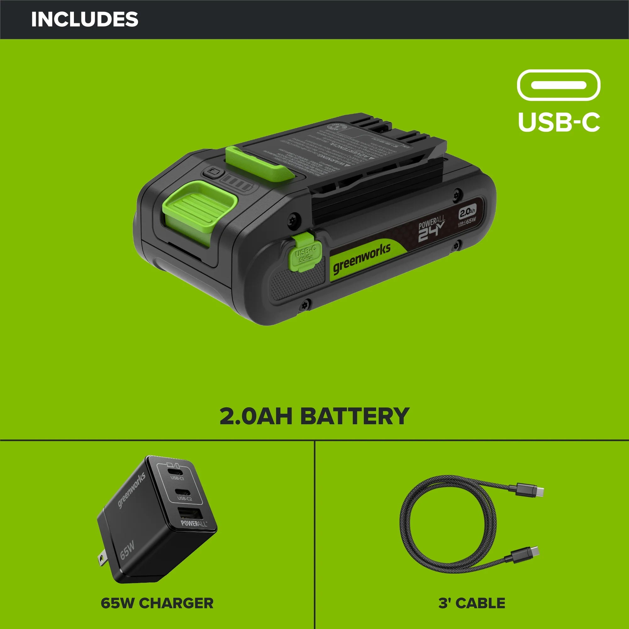 24V PowerAll Battery and Charger Kit, with 2.0 Ah Battery, Ultra-Fast 65W USB-C Charging Block, and Cable - Image 2