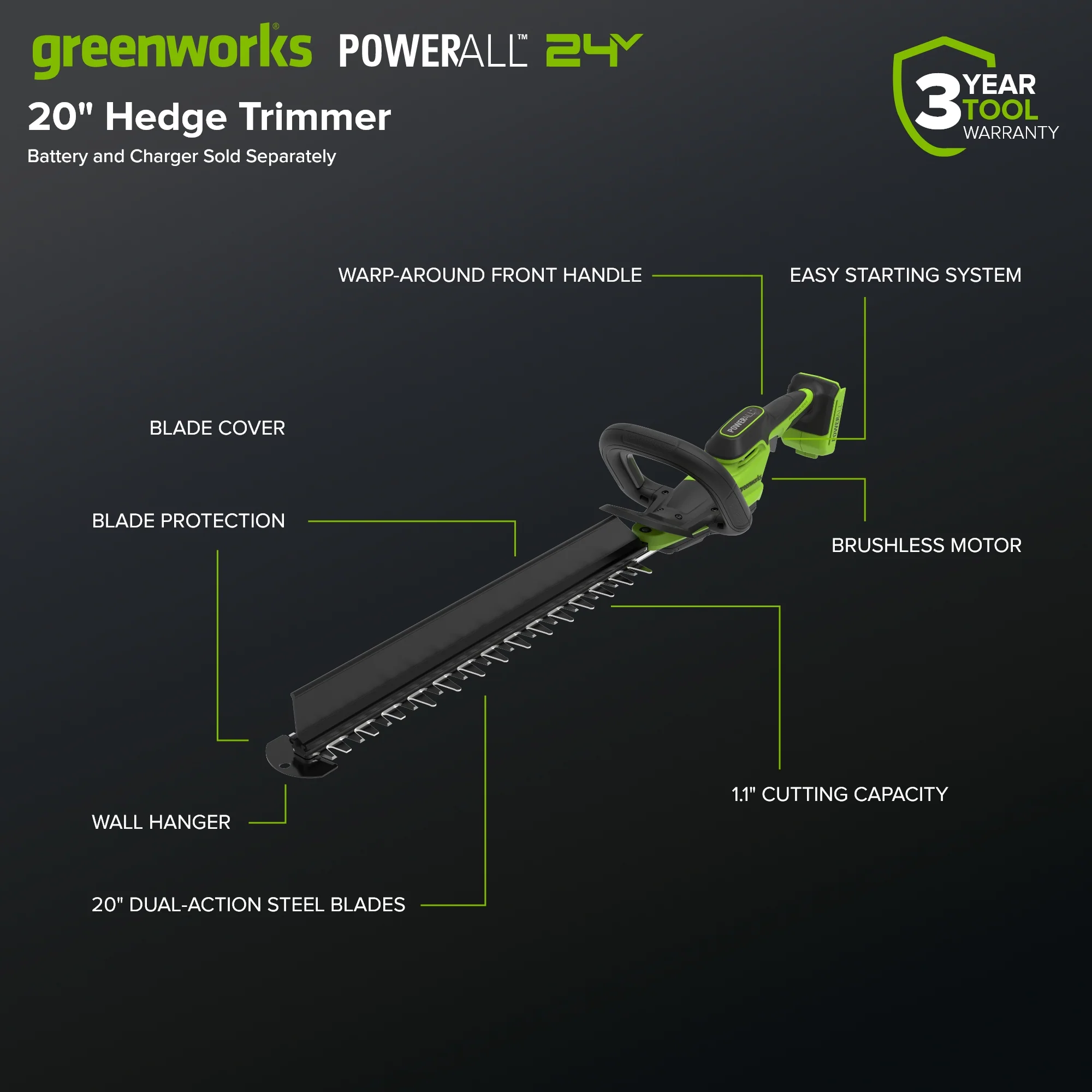 24V 20" Brushless (1.1" Cutting Capacity) Hedge Trimmer (Tool Only) - Image 2