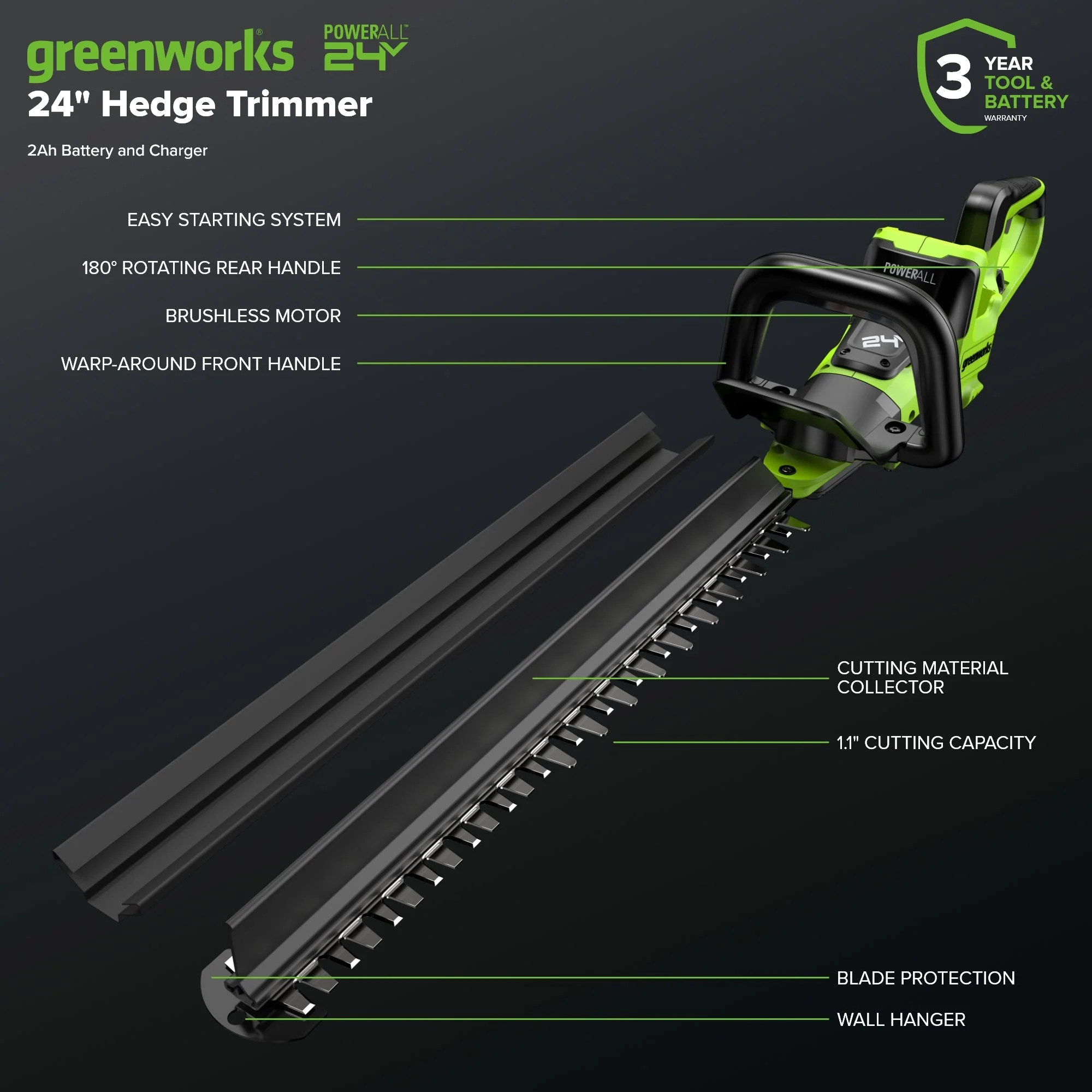24V 24" Cordless Battery Hedge Trimmer: 2.0 Ah Battery and 2A Charger - Image 2