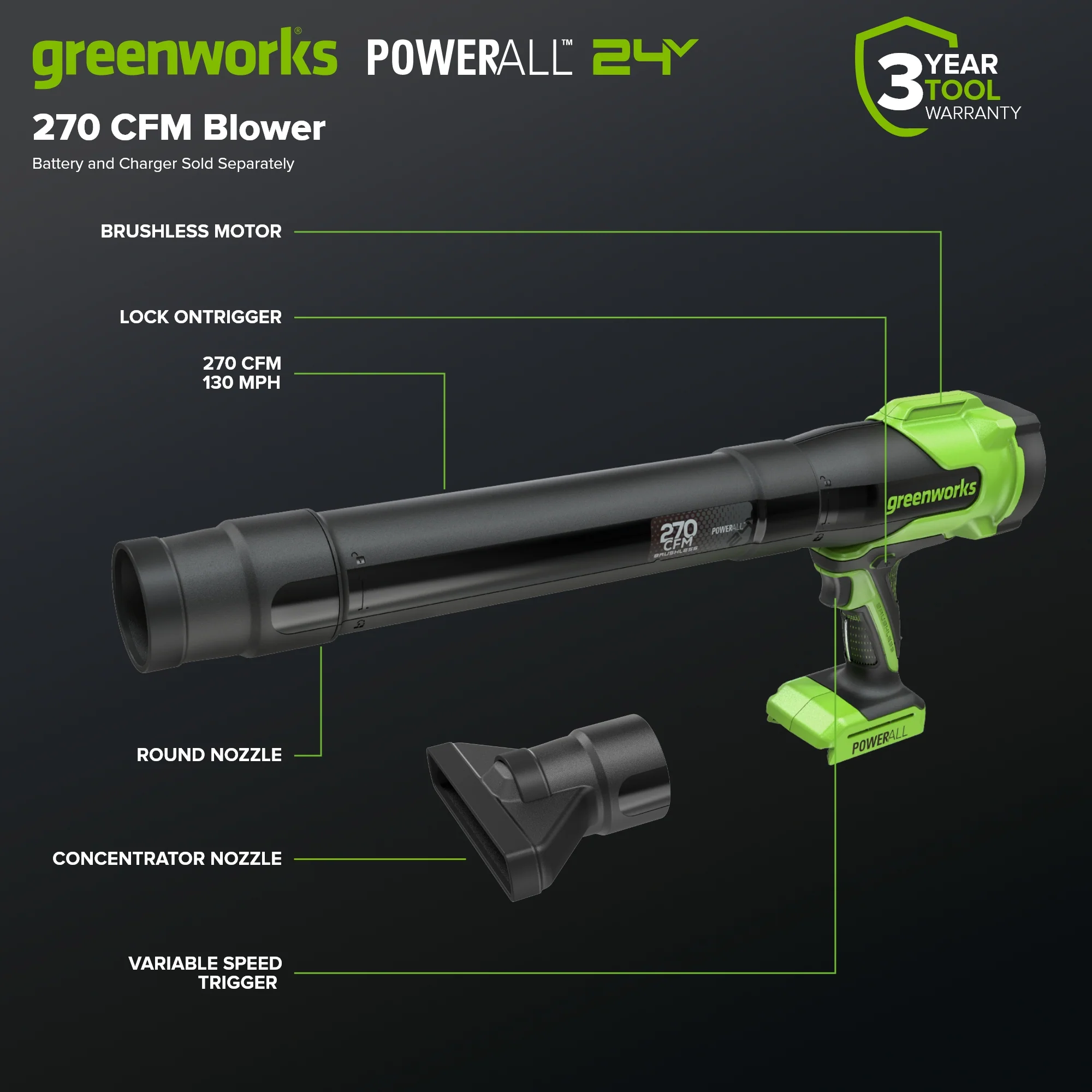 24V 270 CFM Cordless Battery Brushless Blower (Tool Only) - Image 2