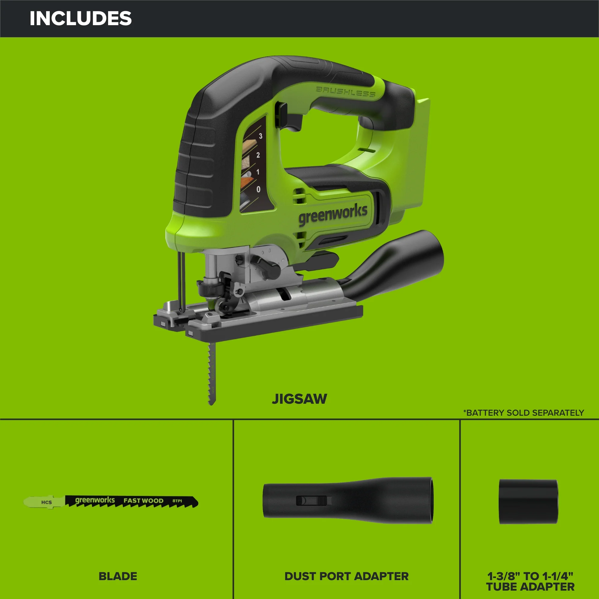 24V PowerAll Jigsaw with Blade, Dust Port Adapter, and Tube Adapter - Image 3