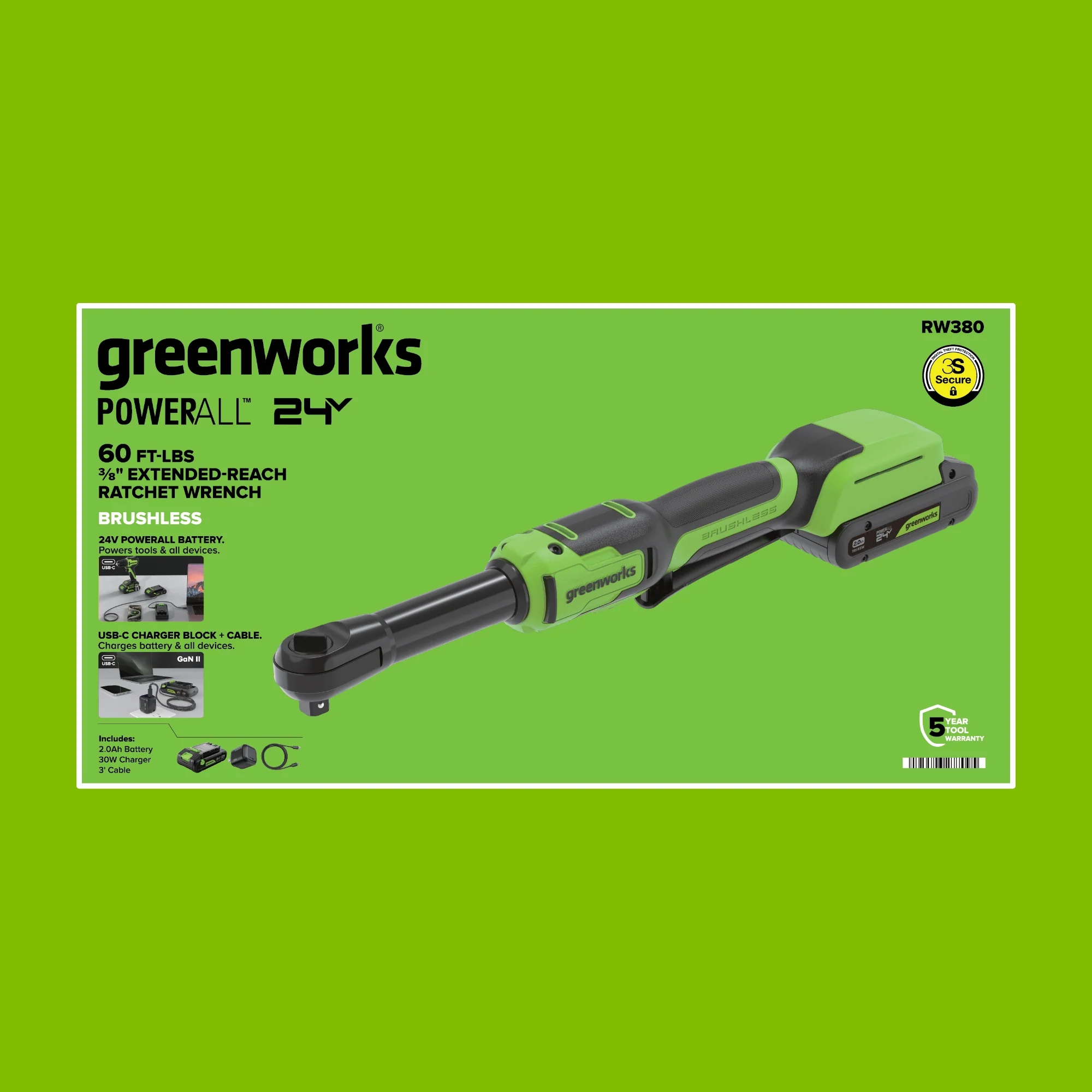 24V PowerAll 60 ft-lb 3/8" Extended Reach Ratchet Wrench, with 2.0 Ah Battery, 30W Charger, and 3' Cable - Image 15