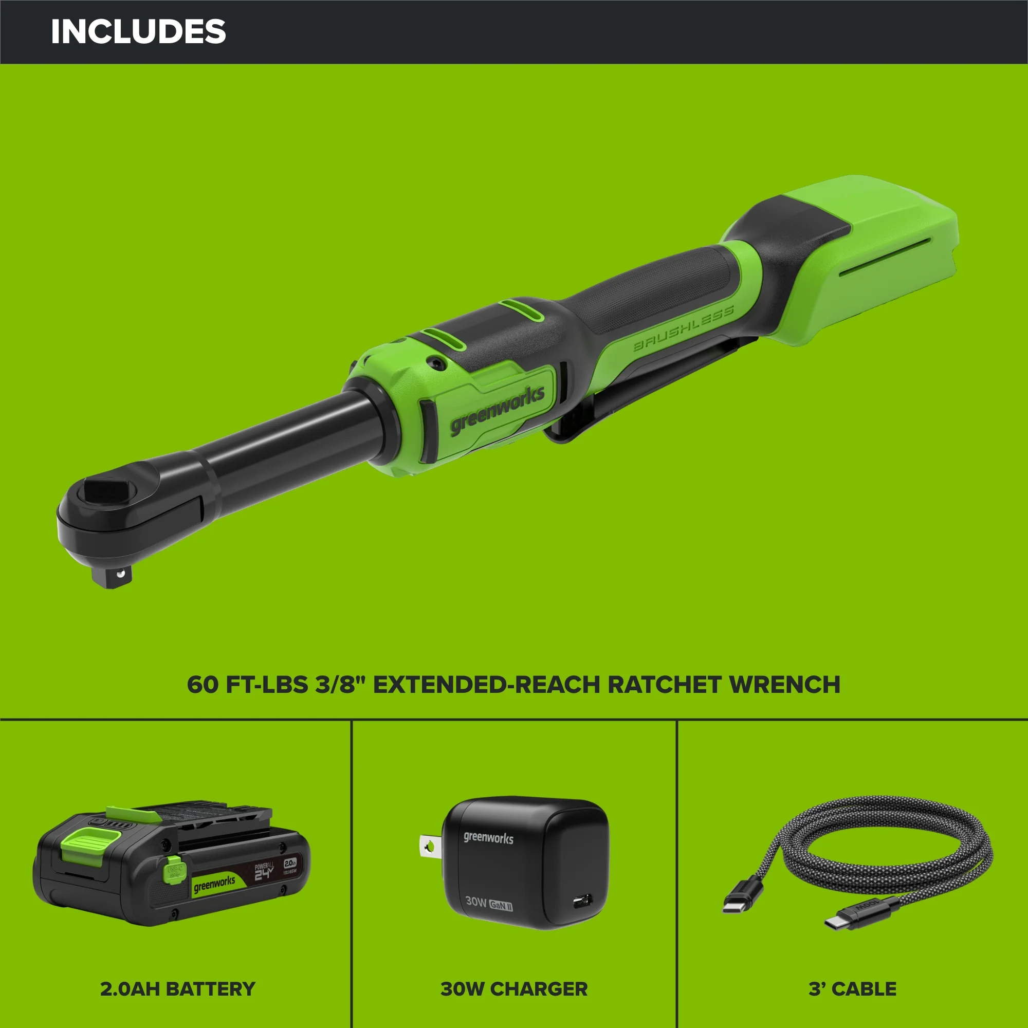 24V PowerAll 60 ft-lb 3/8" Extended Reach Ratchet Wrench, with 2.0 Ah Battery, 30W Charger, and 3' Cable - Image 3