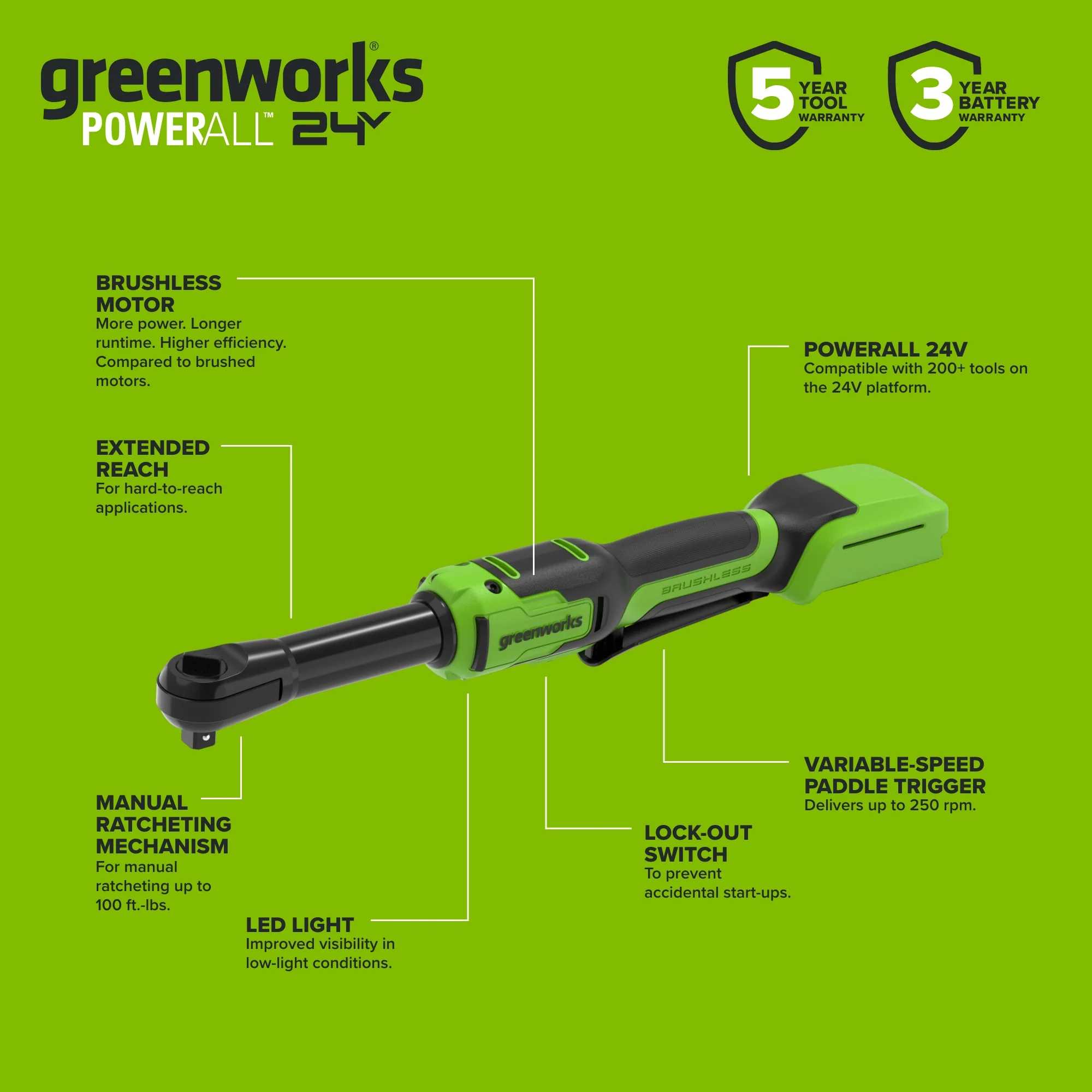 24V PowerAll 60 ft-lb 3/8" Extended Reach Ratchet Wrench, with 2.0 Ah Battery, 30W Charger, and 3' Cable - Image 4
