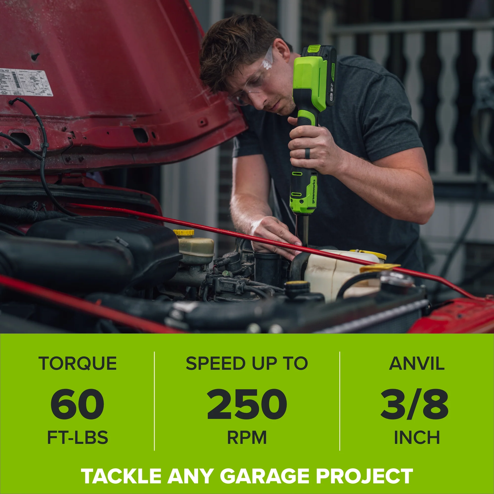 24V PowerAll 60 ft-lb 3/8" Extended Reach Ratchet Wrench, with 2.0 Ah Battery, 30W Charger, and 3' Cable - Image 6