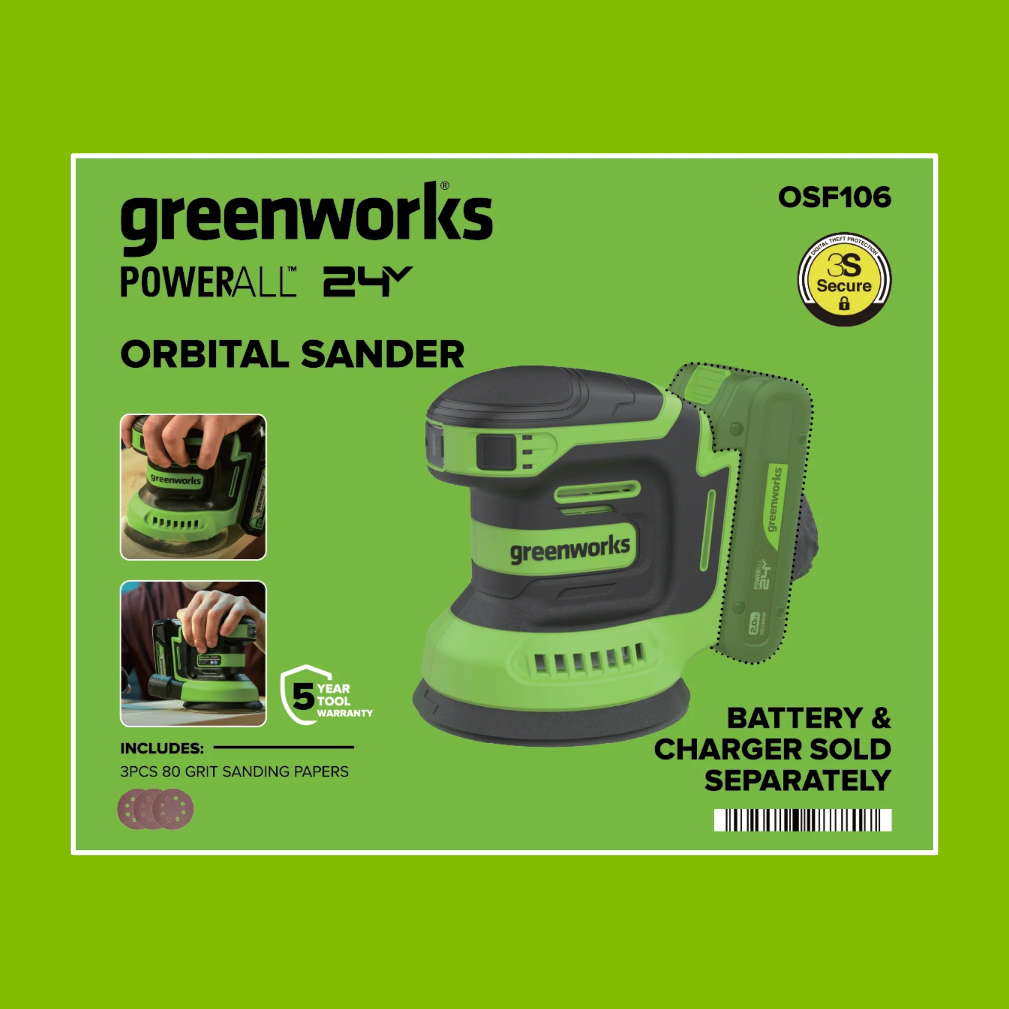 24V PowerAll Orbital Sander, Tool Only, with (3) Pieces of 80 Grit Sanding Paper - Image 15