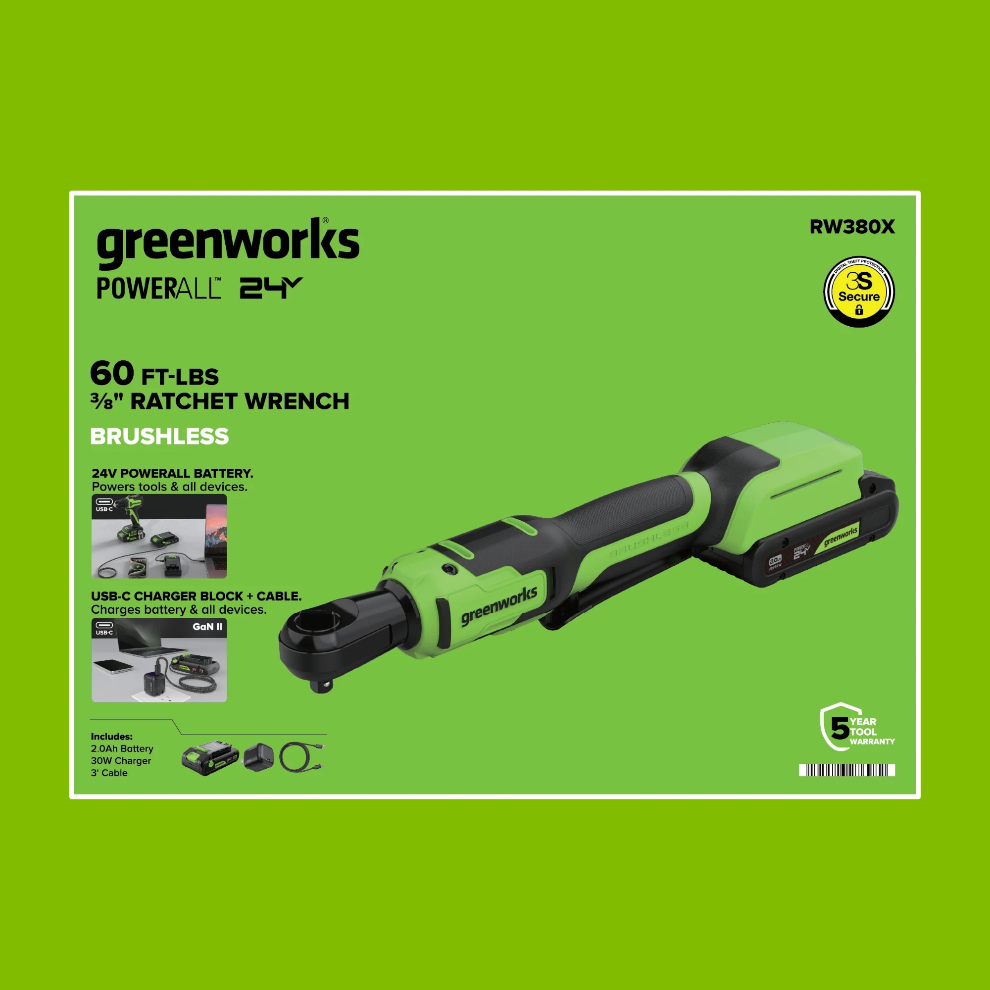 24V PowerAll 60 ft-lb 3/8" Ratchet Wrench, with 2.0 Ah Battery, 30W Charger, and 3' Cable - Image 14