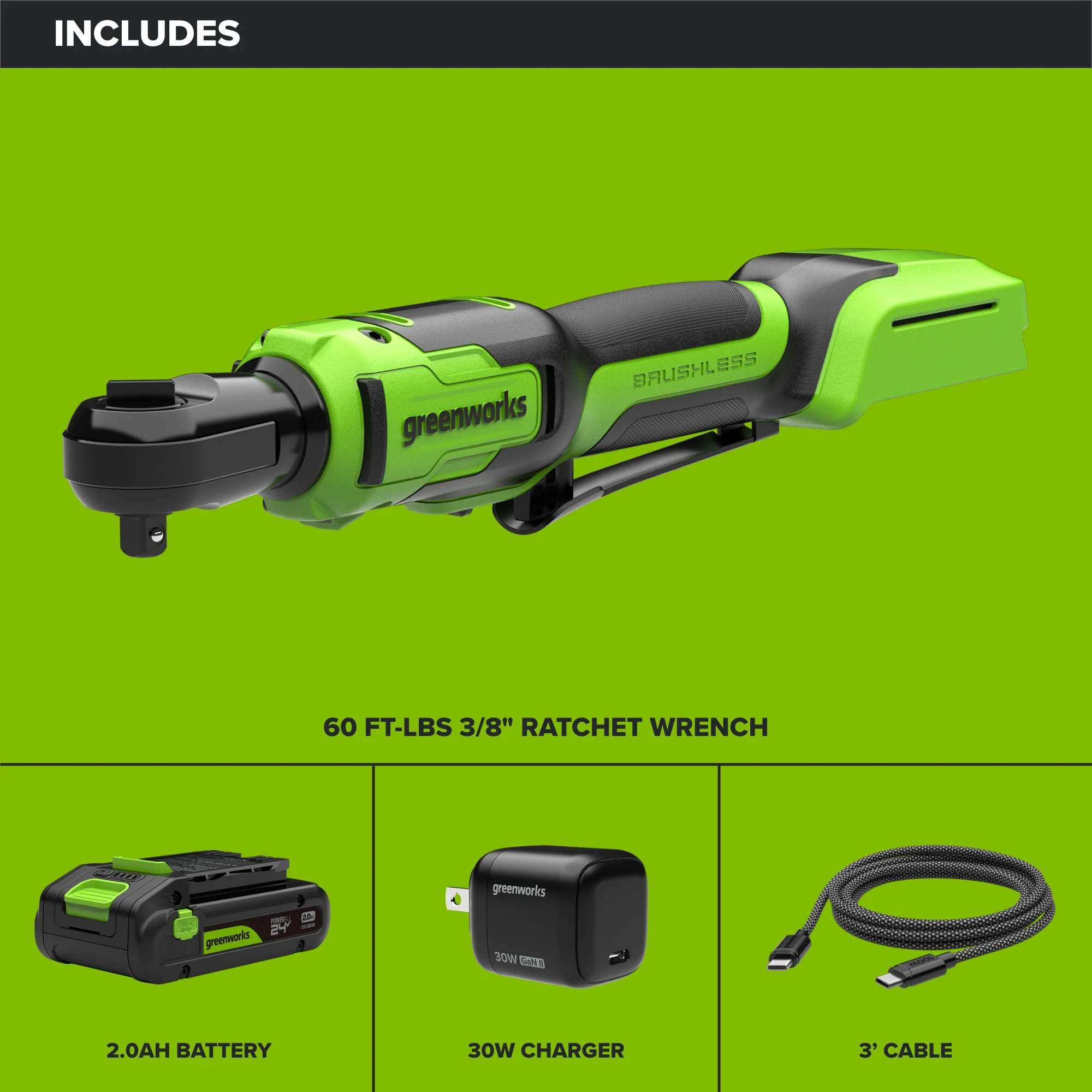 24V PowerAll 60 ft-lb 3/8" Ratchet Wrench, with 2.0 Ah Battery, 30W Charger, and 3' Cable - Image 3