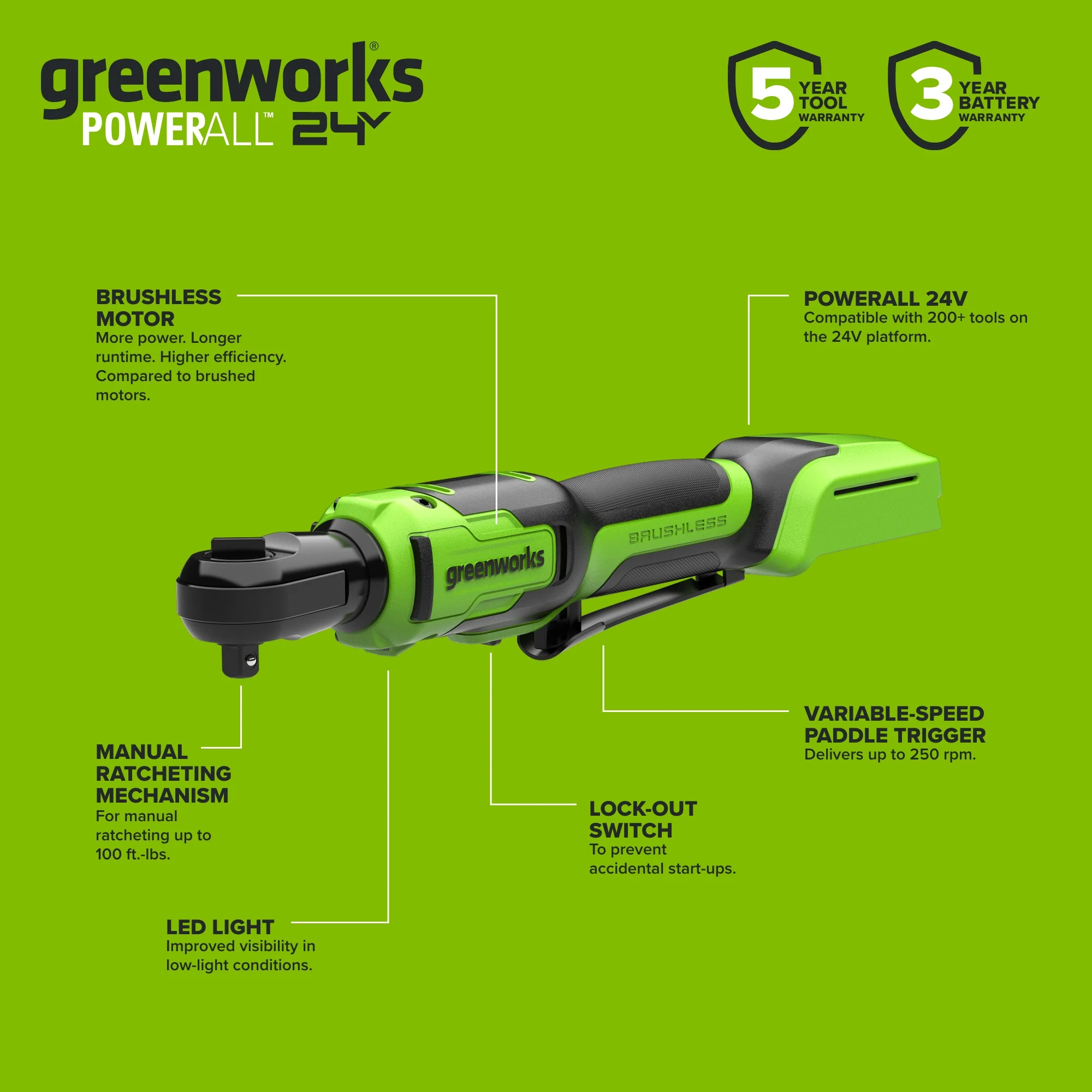 24V PowerAll 60 ft-lb 3/8" Ratchet Wrench, with 2.0 Ah Battery, 30W Charger, and 3' Cable - Image 4