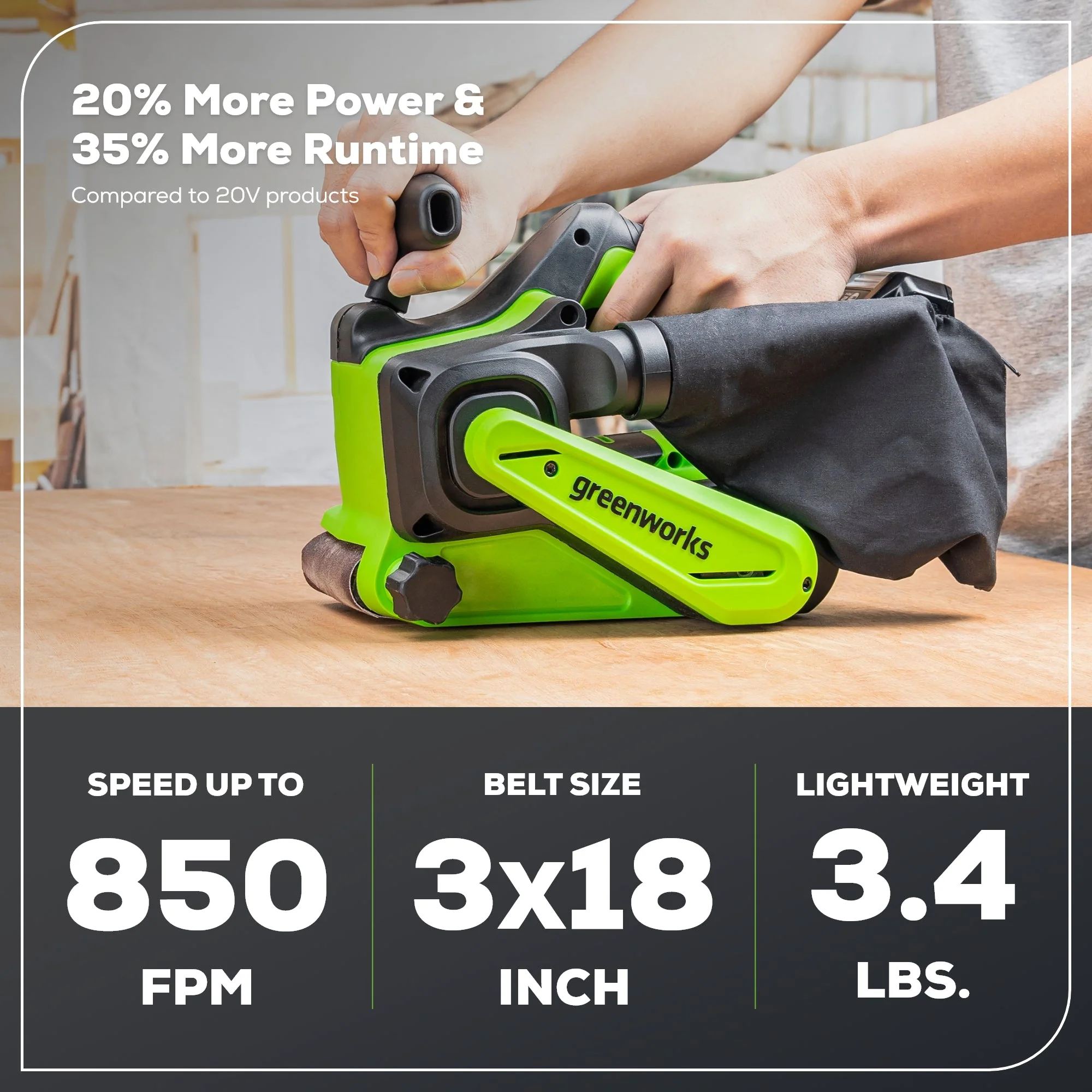 24V 3in x 18in Brushless Cordless Belt Sander and Dust Bag: 4.0 Ah Battery and Charger - Image 3