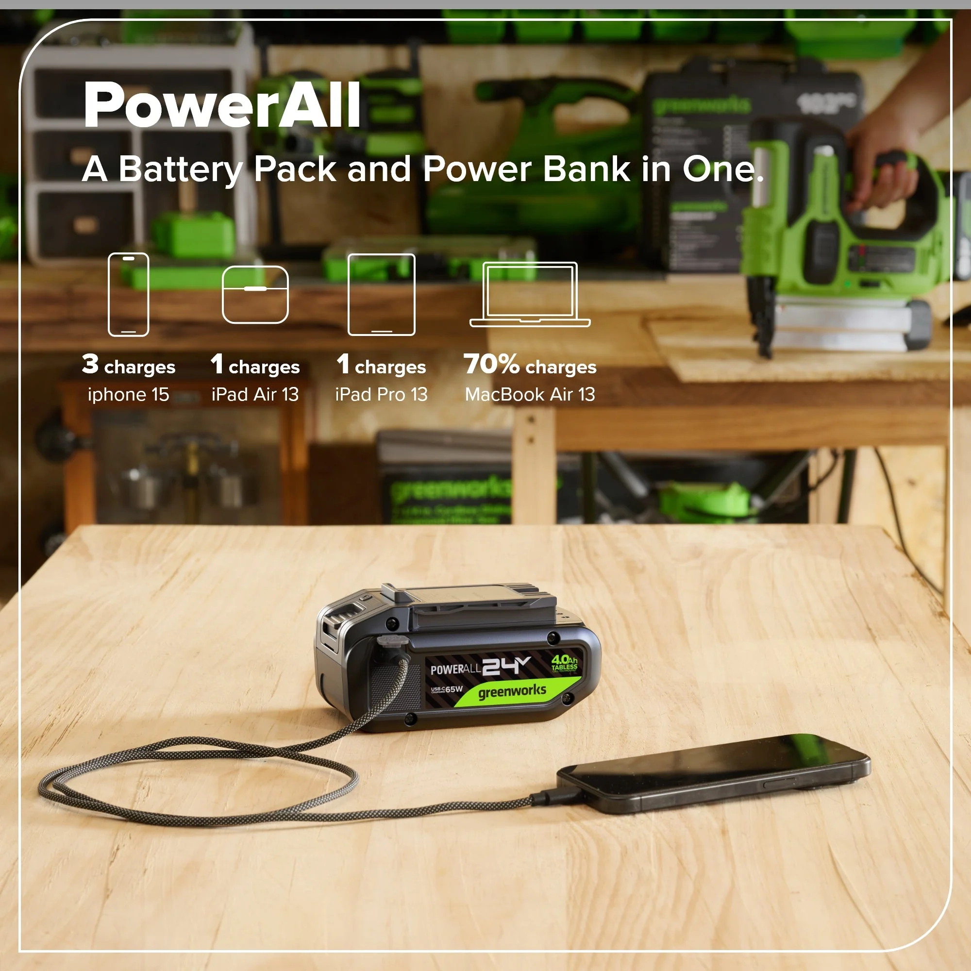 24V 4.0 Ah Tabless Battery with Bi-Directional USB-C Port - Image 2