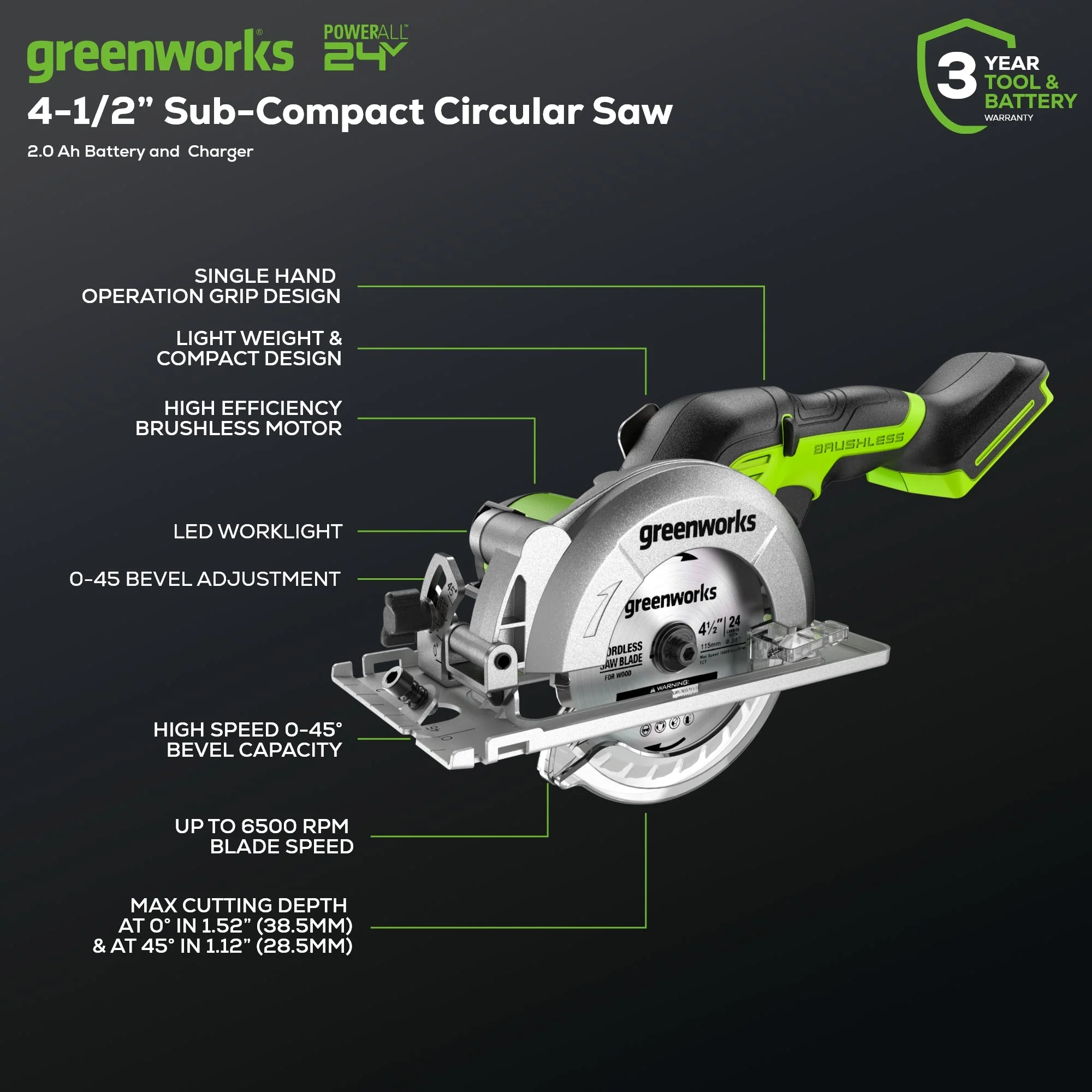 24V 4.5" Cordless Battery Mini Circular Saw (Tool Only) - Image 2