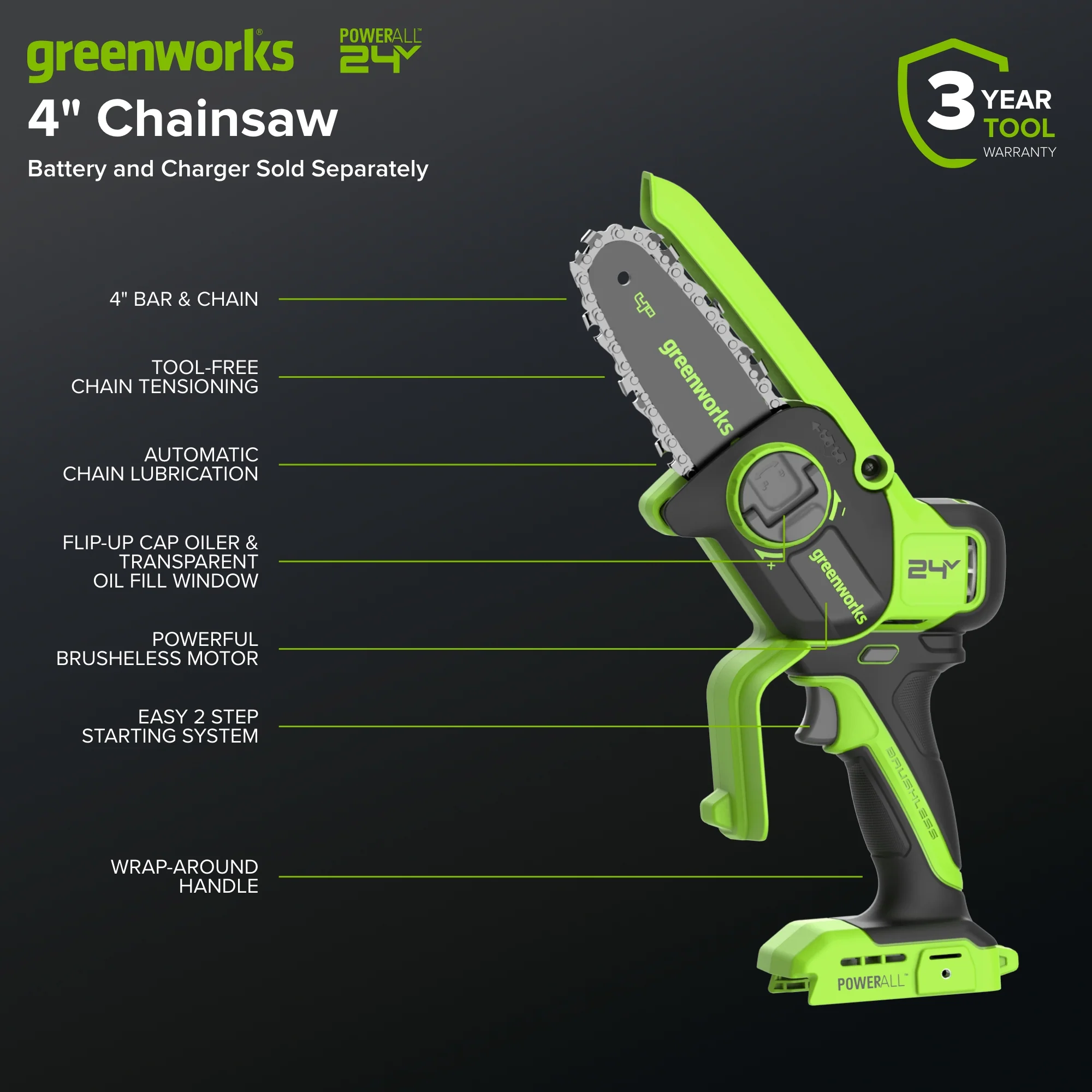 24V 4” Cordless Battery Brushless Pruner Saw (Tool Only) - Image 2