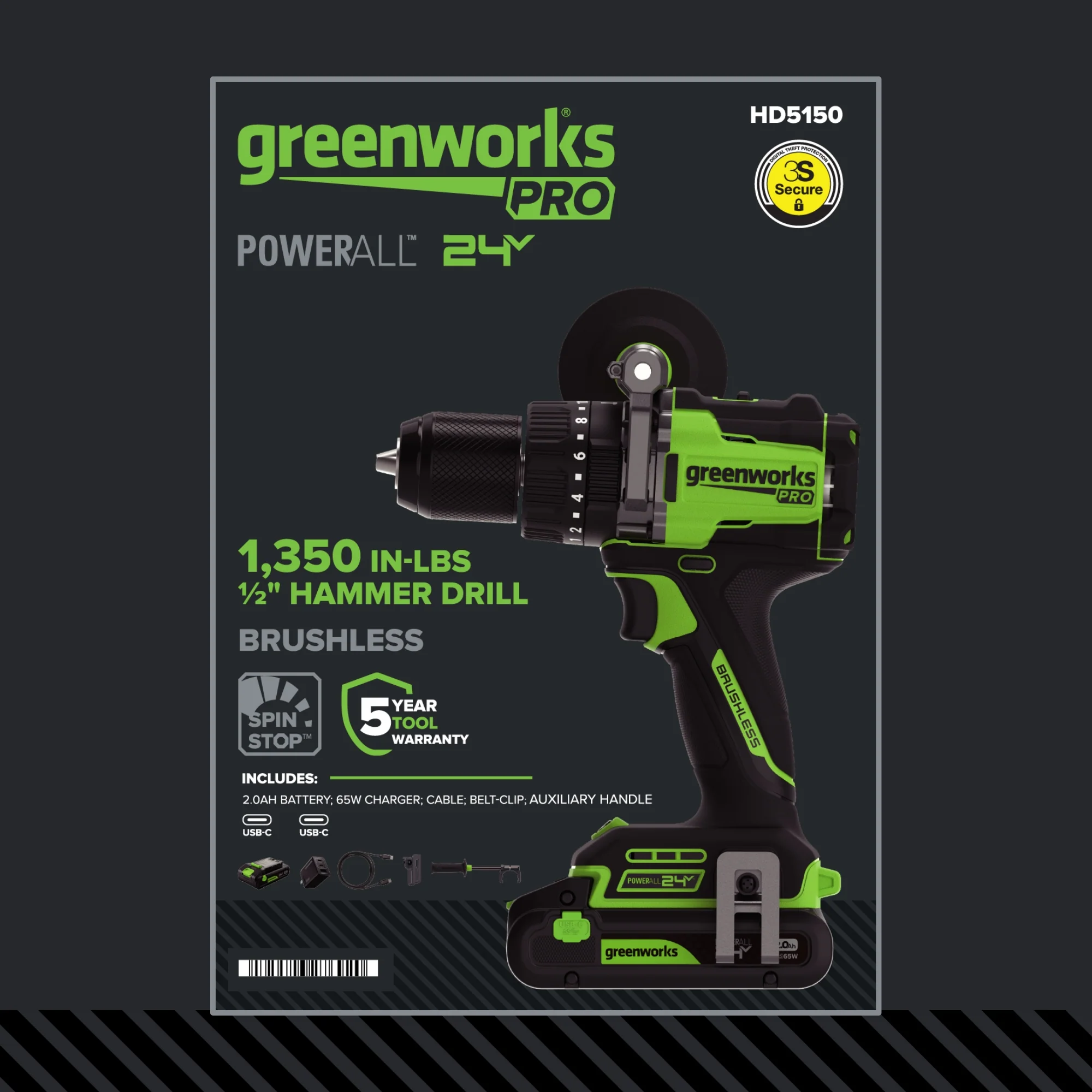 24V PowerAll Pro 1,350 in-lb 1/2" Hammer Drill, with 2.0 Ah Battery, 65W Charger, Belt Clip, and Auxiliary Handle - Image 22