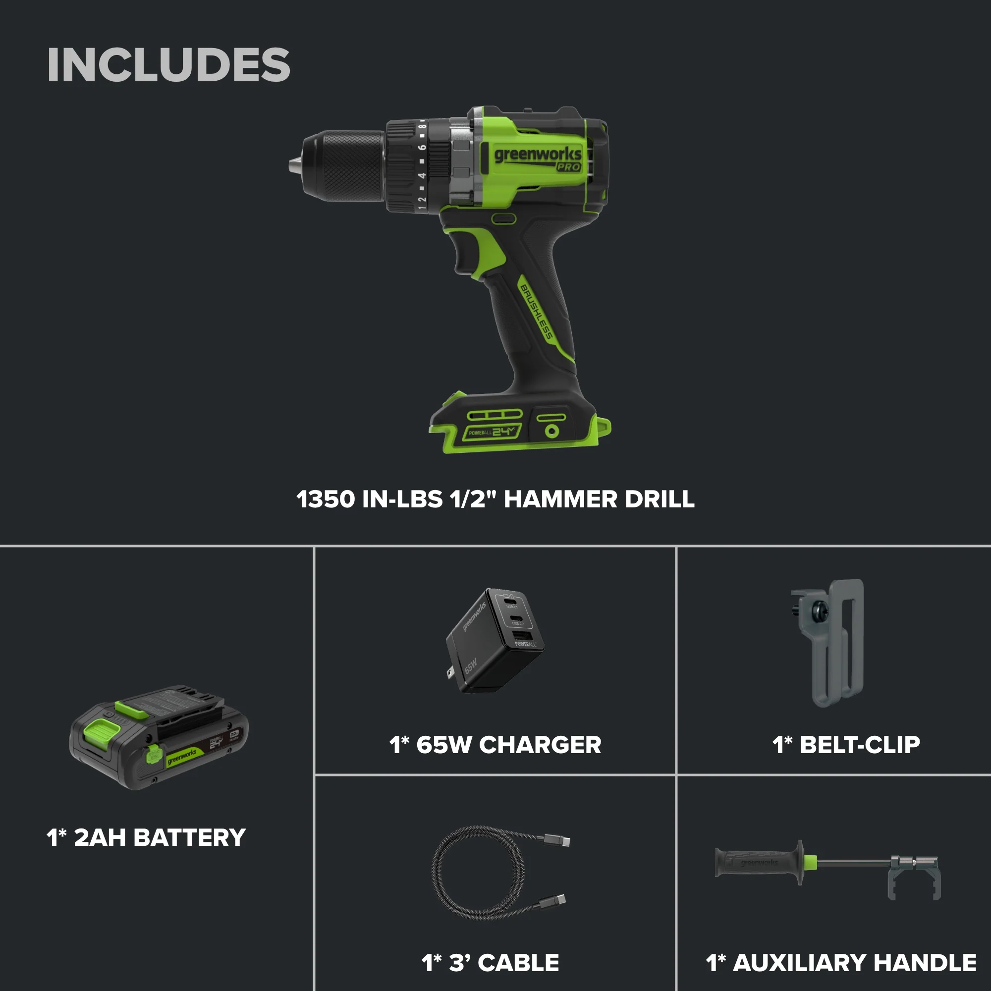 24V PowerAll Pro 1,350 in-lb 1/2" Hammer Drill, with 2.0 Ah Battery, 65W Charger, Belt Clip, and Auxiliary Handle - Image 3