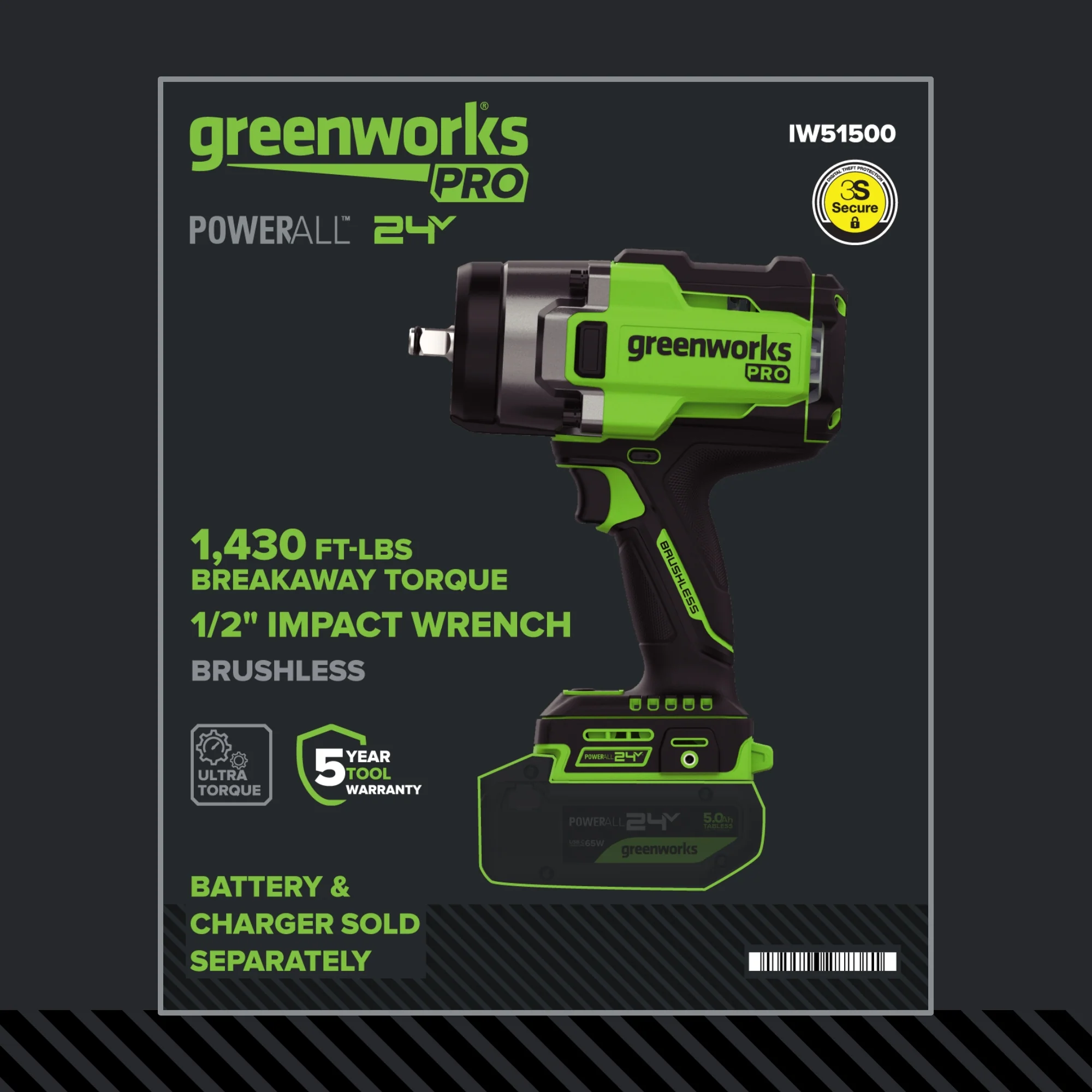 24V PowerAll Pro 1,430 ft-lb Breakaway Torque 1/2" Impact Wrench, Tool Only - Image 20