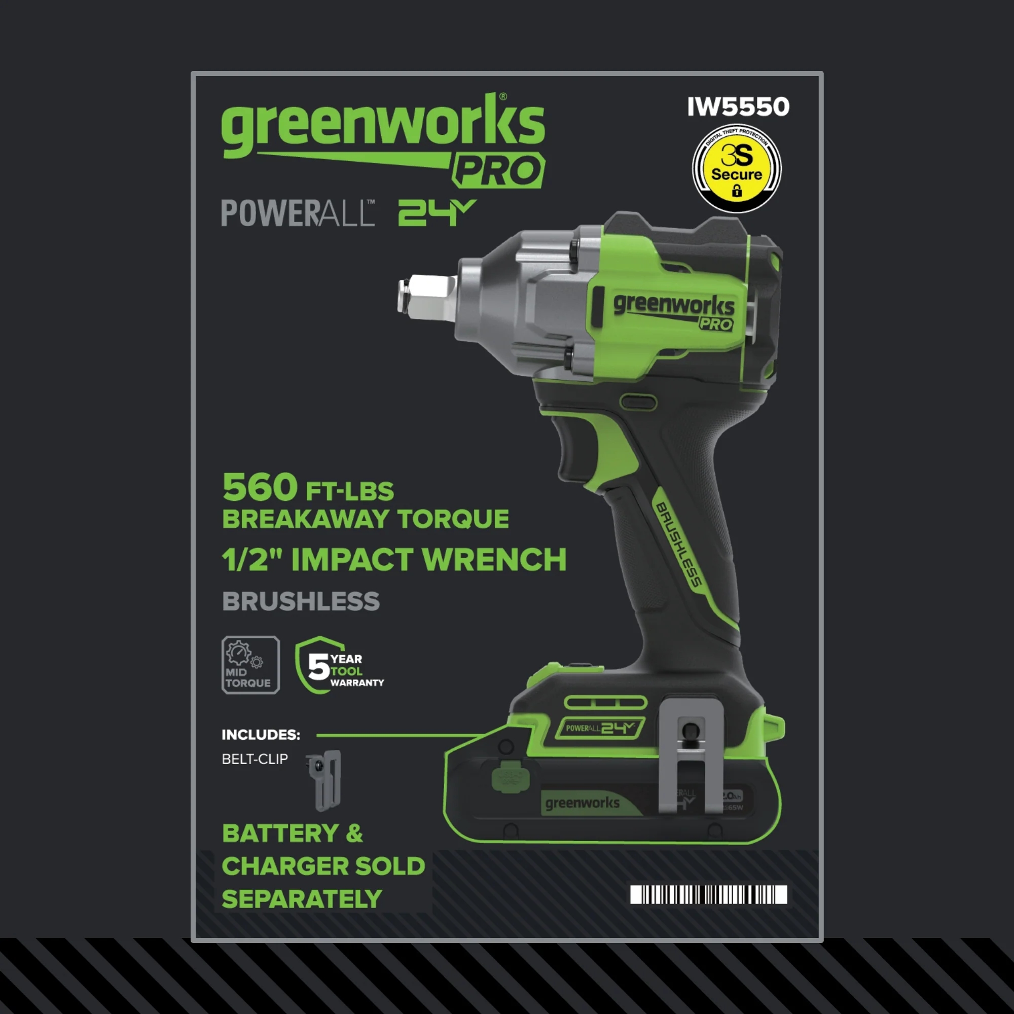 24V PowerAll Pro 560 ft-lb Breakaway Torque 1/2" Impact Wrench, Tool Only - Image 20