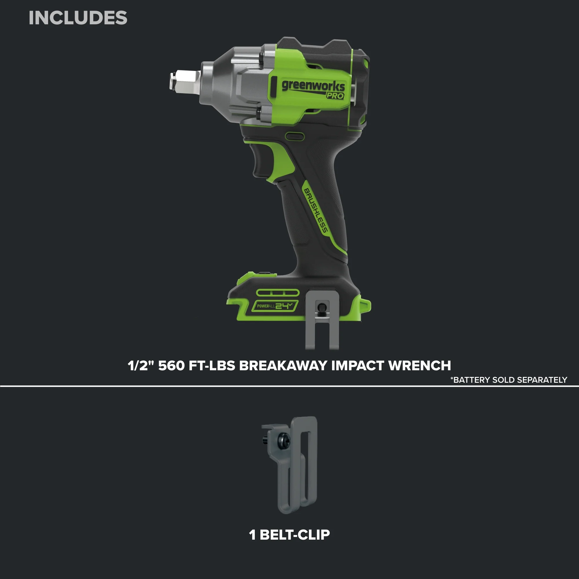 24V PowerAll Pro 560 ft-lb Breakaway Torque 1/2" Impact Wrench, Tool Only - Image 3