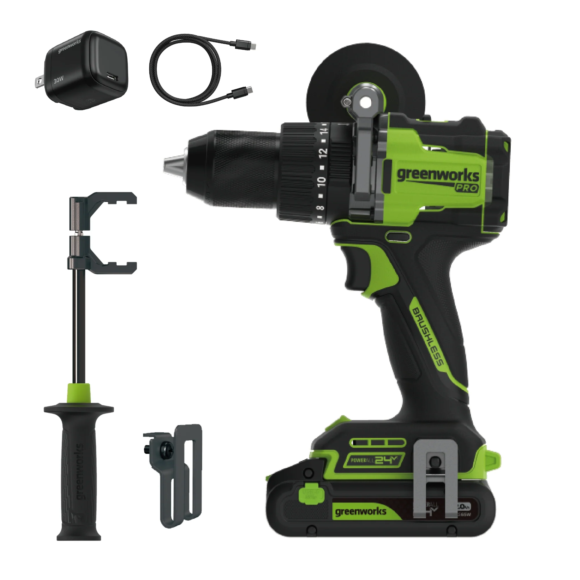 24V PowerAll Pro 850 in-lb 1/2" Hammer Drill, with 2.0 Ah Battery, 30W Charger, Belt Clip, and Auxiliary Handle