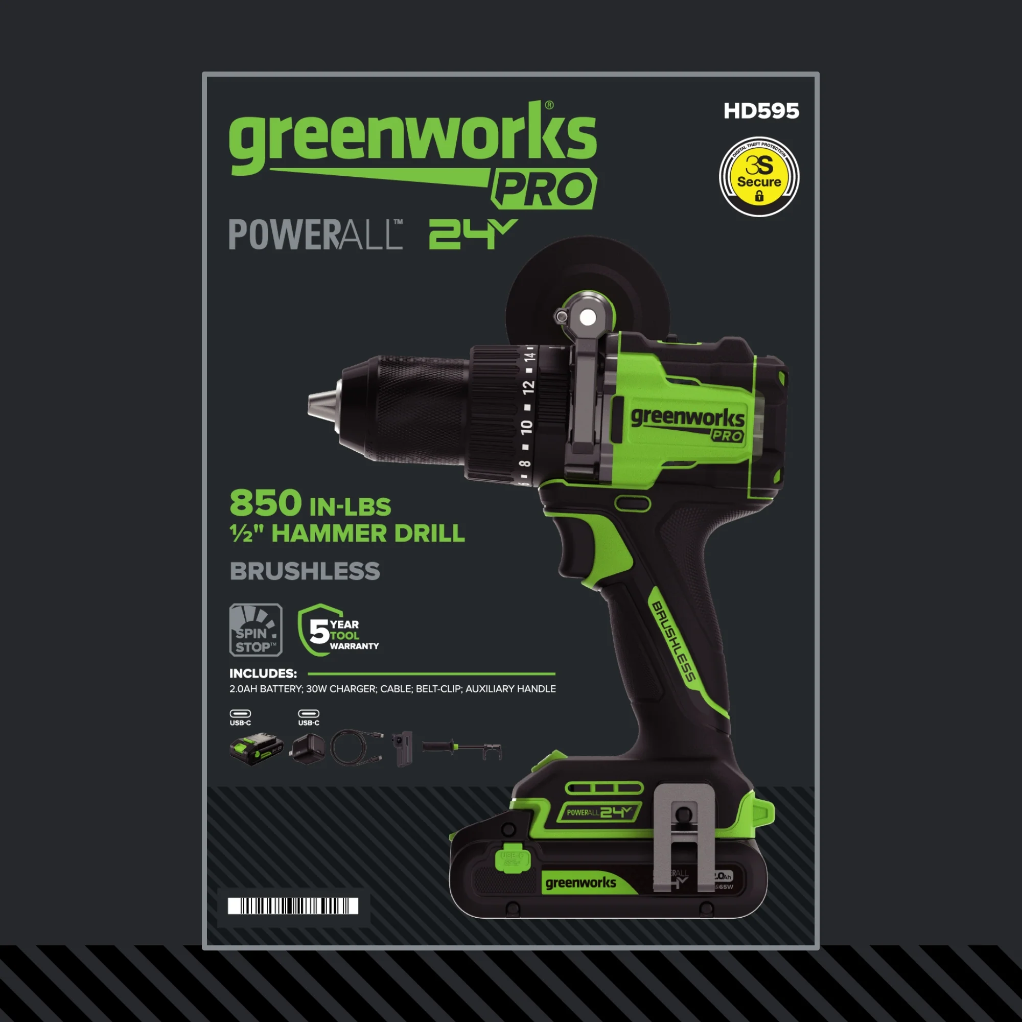 24V PowerAll Pro 850 in-lb 1/2" Hammer Drill, with 2.0 Ah Battery, 30W Charger, Belt Clip, and Auxiliary Handle - Image 22