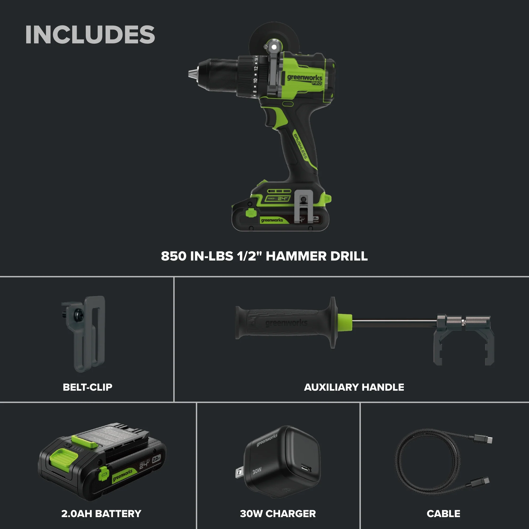 24V PowerAll Pro 850 in-lb 1/2" Hammer Drill, with 2.0 Ah Battery, 30W Charger, Belt Clip, and Auxiliary Handle - Image 3