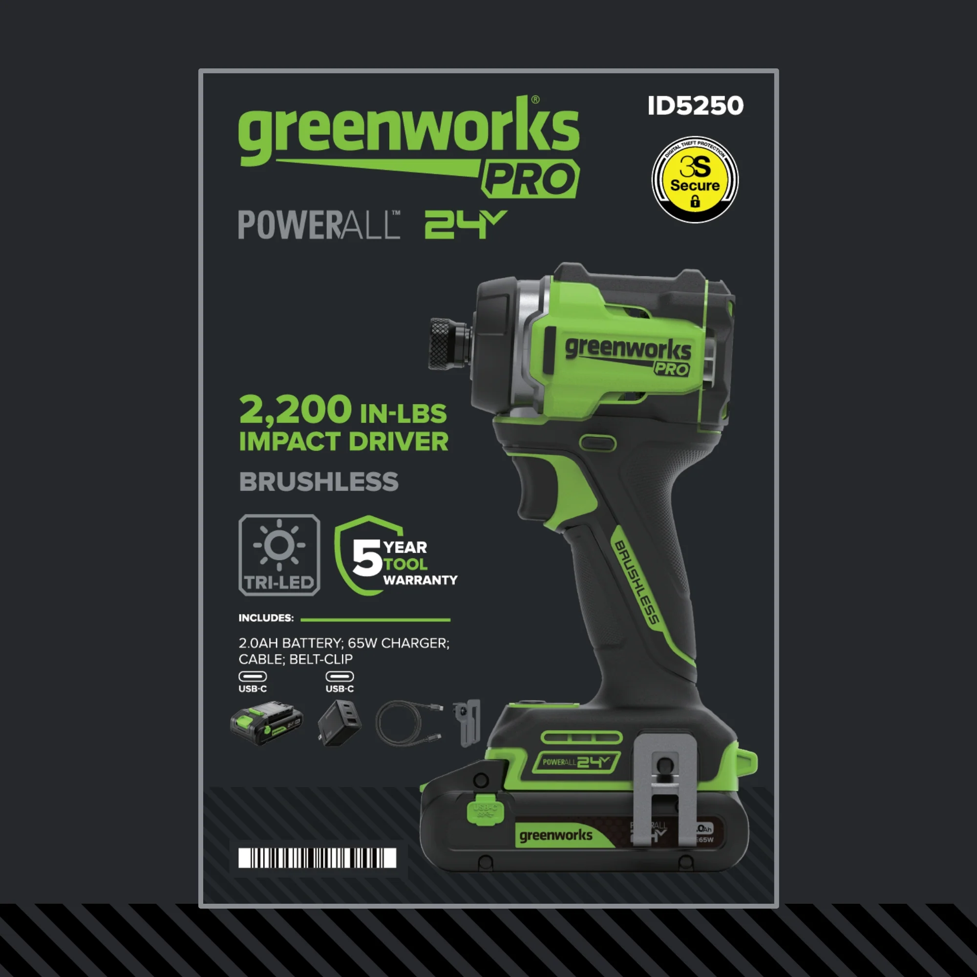 24V PowerAll Pro 2,200 In-Lb Impact Driver, with 2.0 Ah USB-C Battery, 65W USB-C Charger Block, 3' 100W USB-C Cable, Belt Clip - Image 18