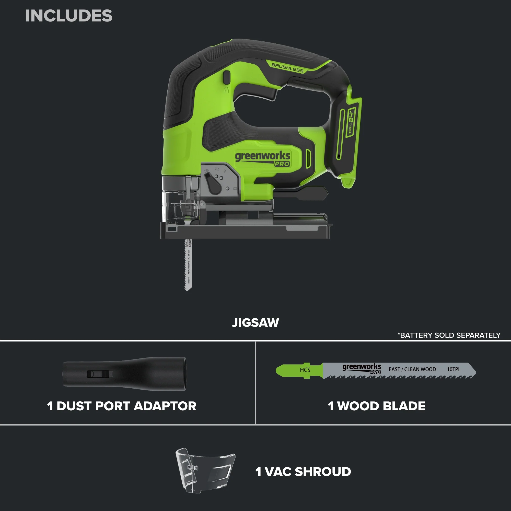 24V PowerAll Pro Jigsaw with Dust Port Adapter, Blade, and VAC Shroud - Image 3